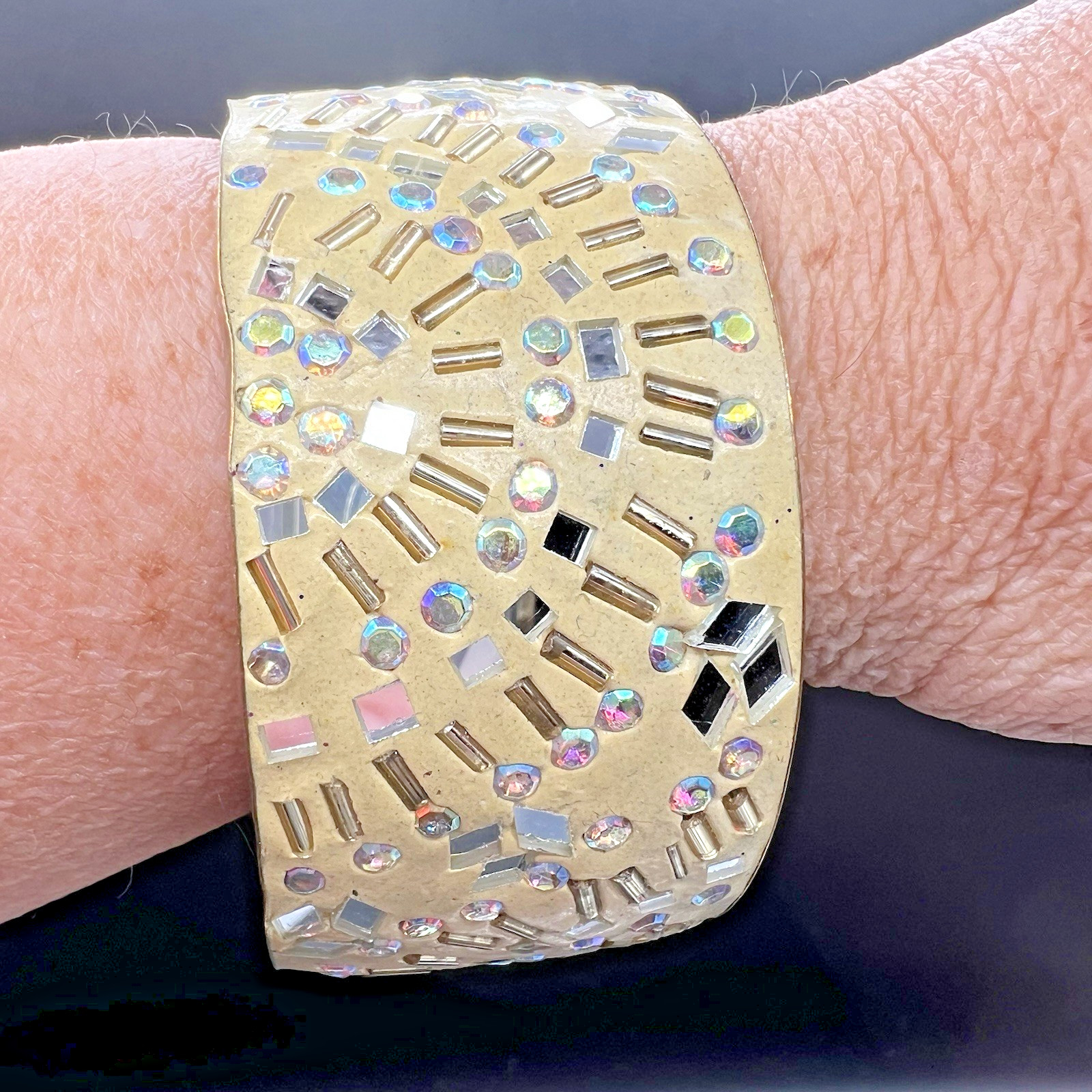 Wide Cuff AB Rhinestone Mirror Studded Runway Bracelet Gold Tone Statement
