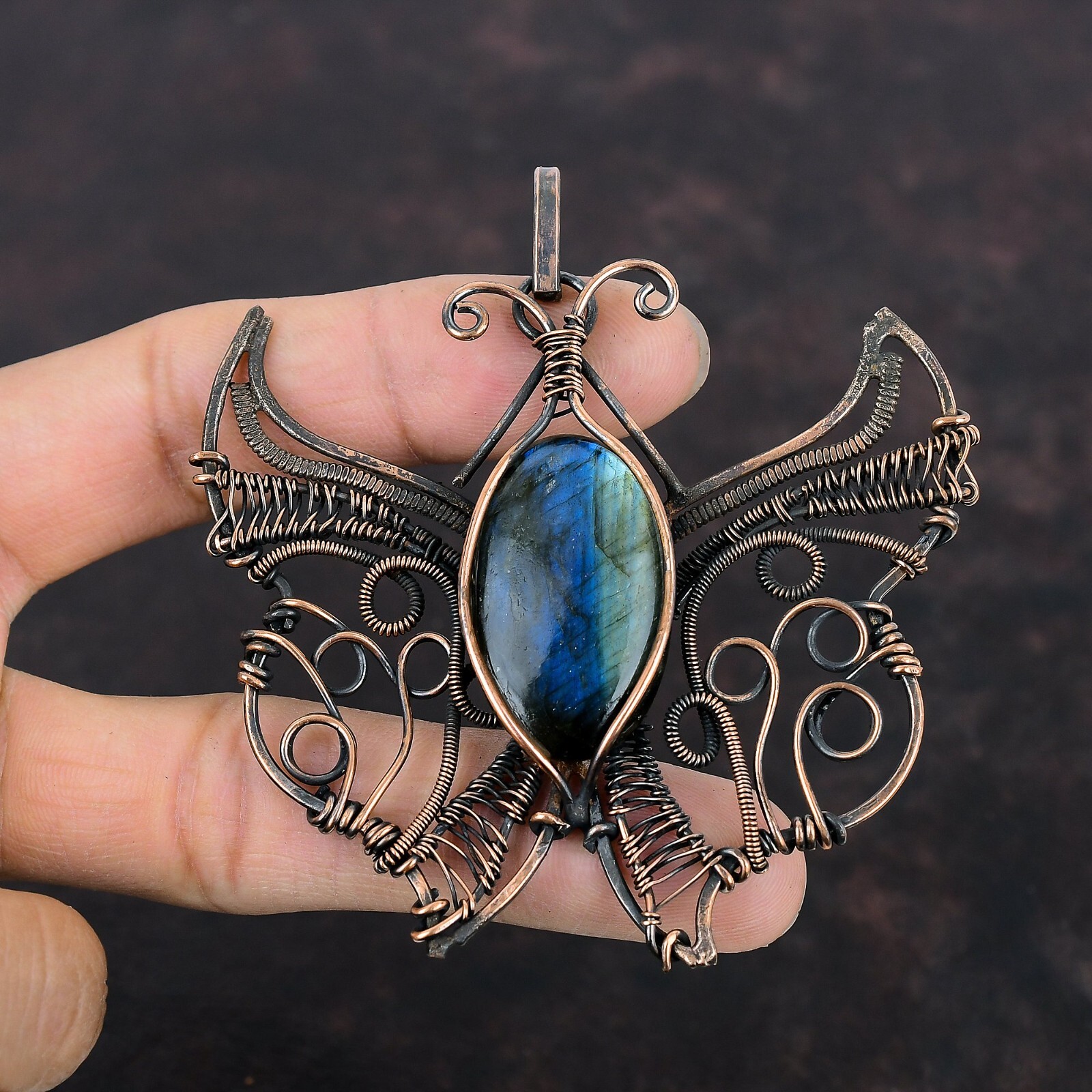 Labradorite Copper Gift For Briedsmaid Wire Wrapped Butterfly Pendant 3.35″
