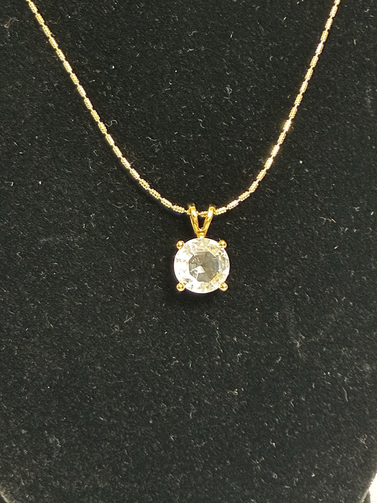 Gold Tone Cable Chain Necklace Round Clear CZ Prong Pendant 16”-18”