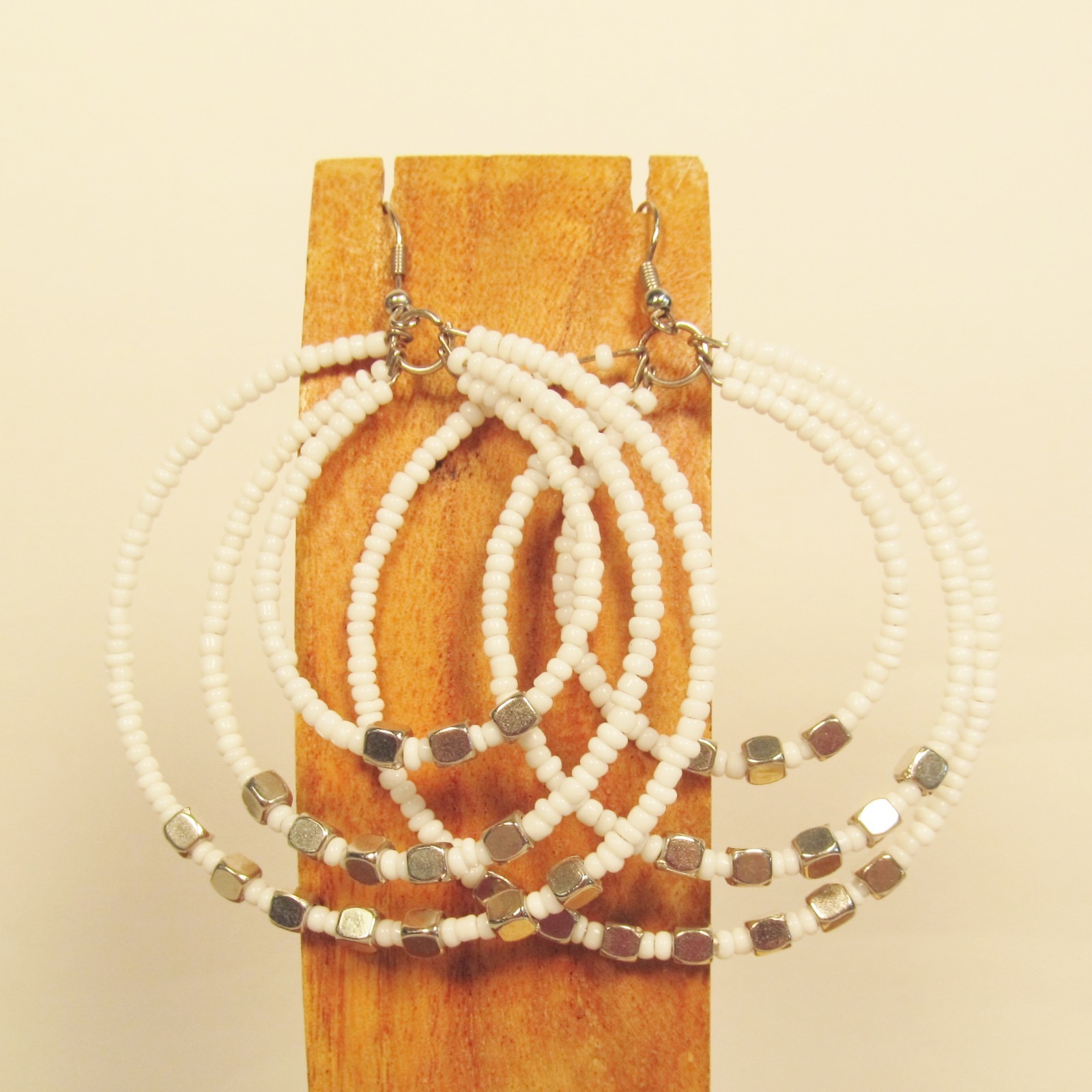 2″ Bright White Color Triple Hoop Bohemian Bling Handmade Bali Seed Bead Earring