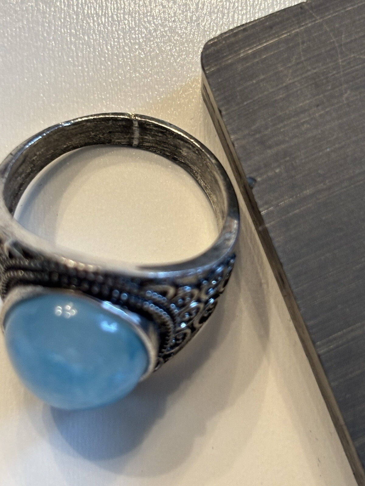 Blue Gemstone Statement Ring Silver Plated Court Style Sz 11 Larimar