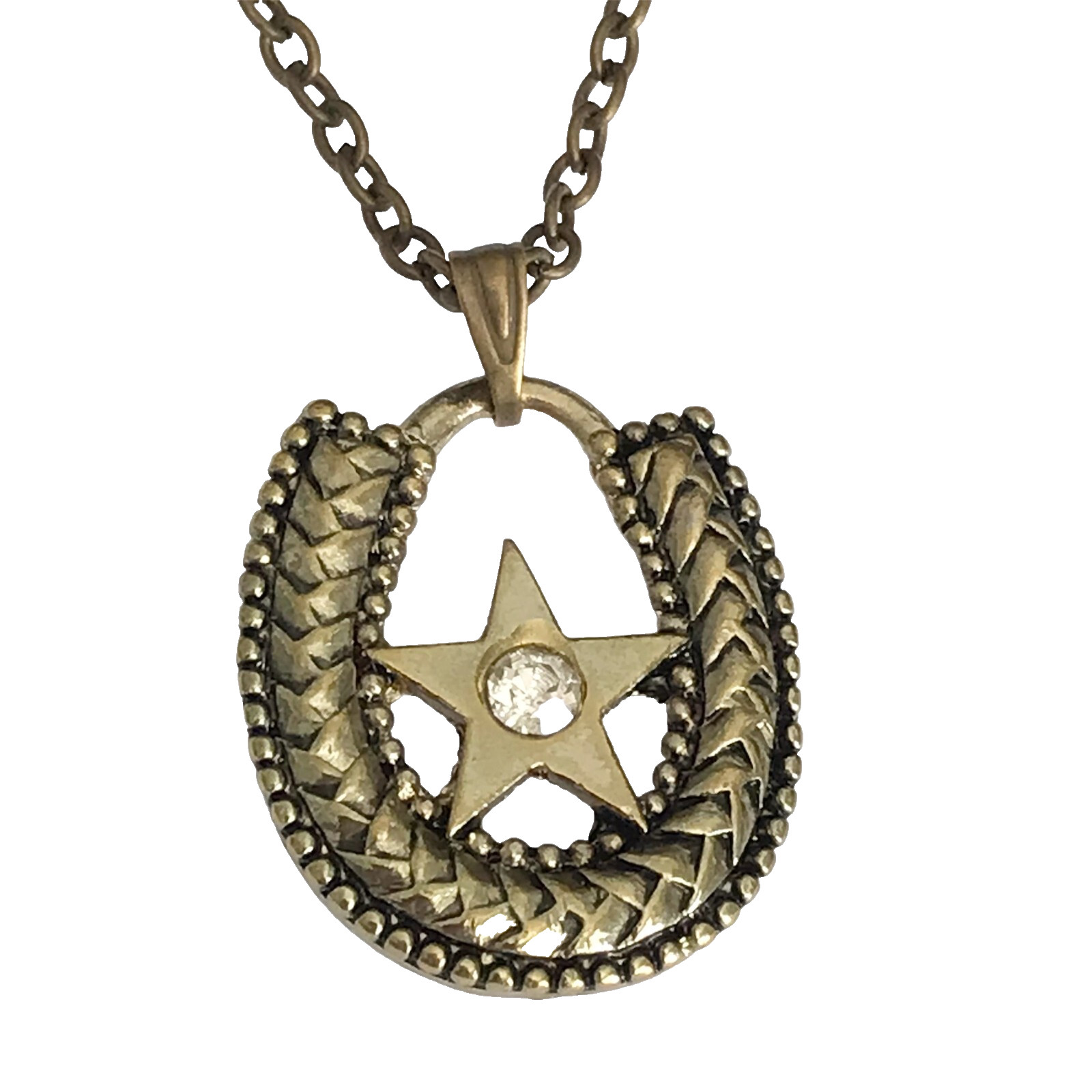 Gold Horseshoe Necklace Crystal Brass Plated 24″ Country Western Cowgirl Luck