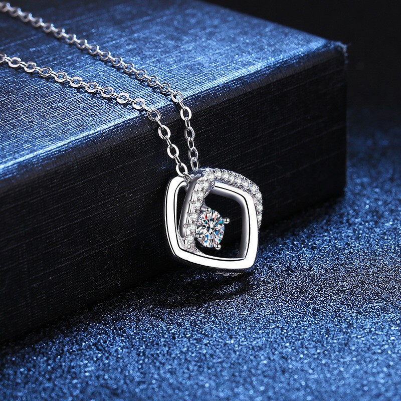 Moissanite Necklace D Color rotating square Pendant S925 Solid Silver Women