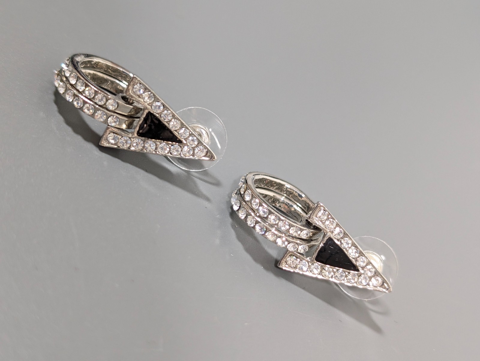 Retro Art Deco Black Triangle Rhinestone Pave Hoop Dangle Earrings