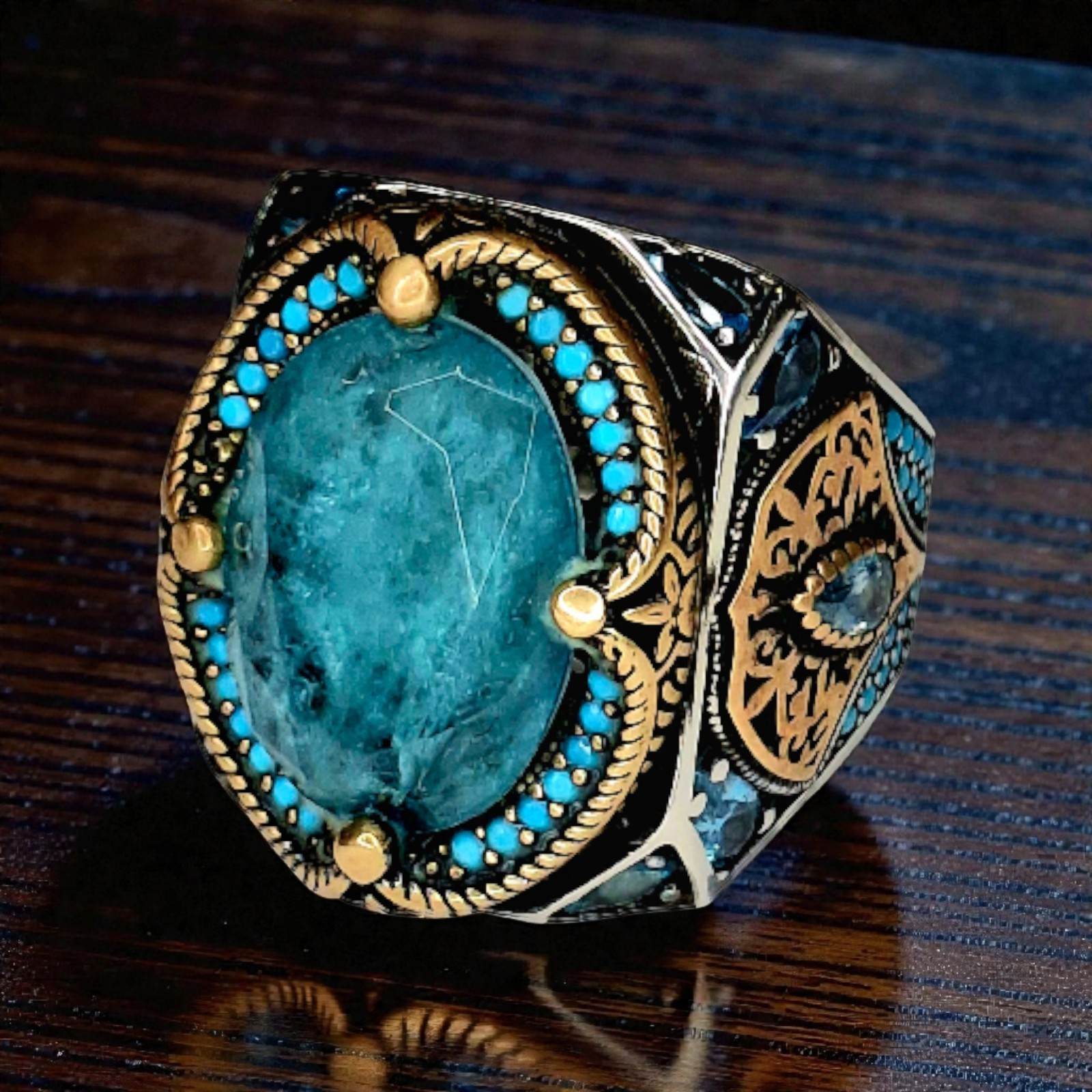 Turkish Handmade Jade, Turquoise, Brass & .925 Sterling Silver Ring, Sz 10.5.