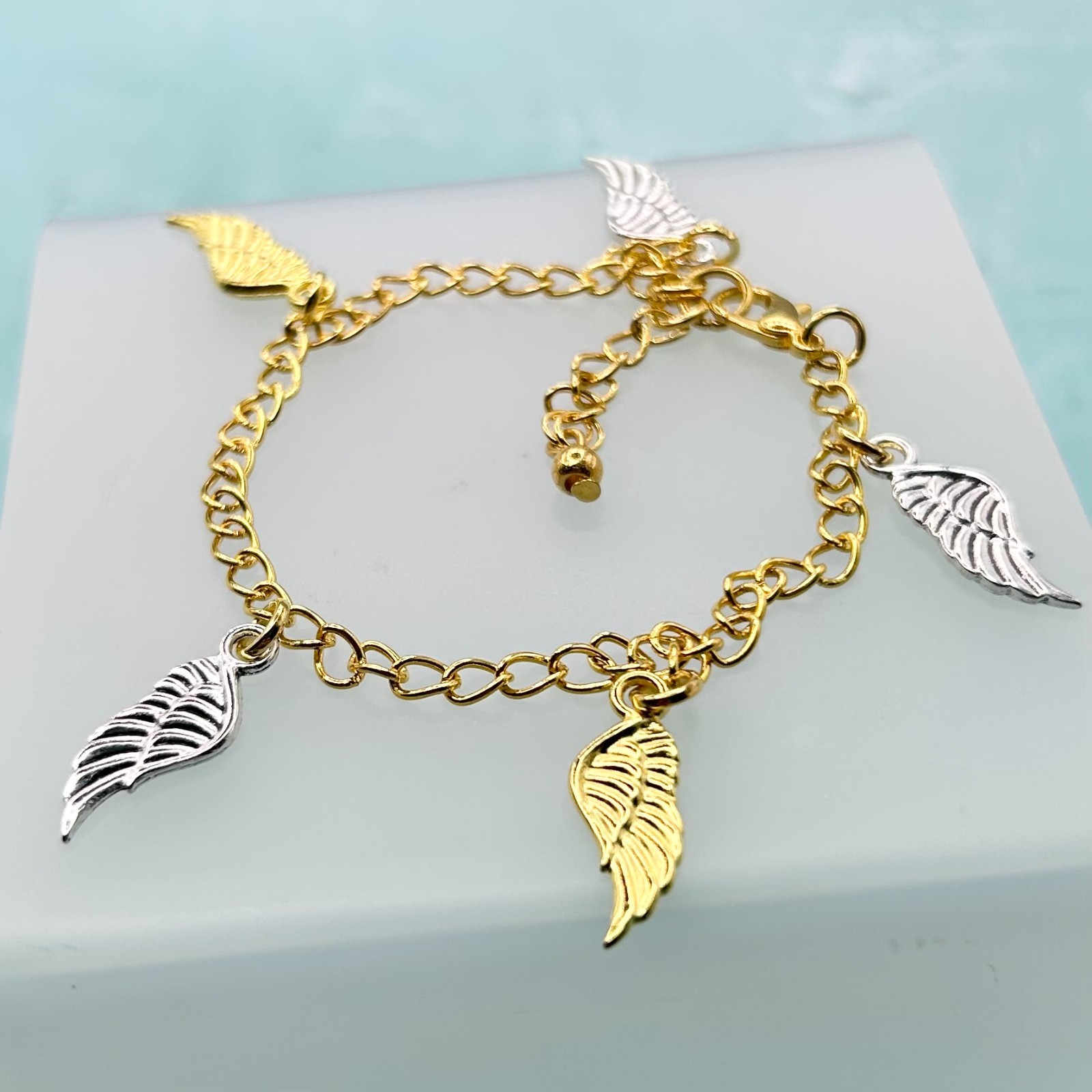 Mini Angel Wing Pendant Contrasting Charm Bracelet (Gold Chain) New Handmade