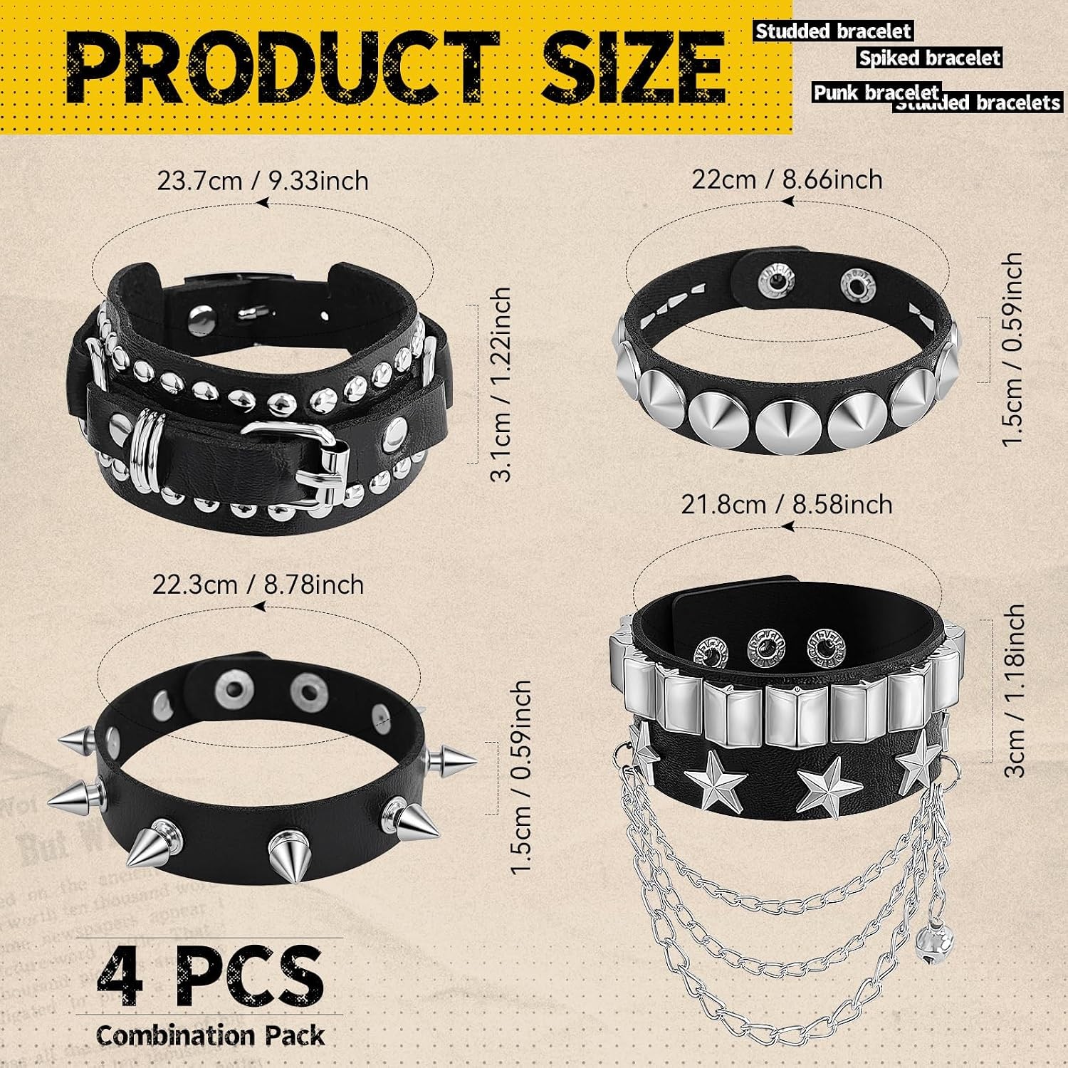 Spike Bracelet for Men & Women | Adjustable Black Leather Punk Bracelets with St