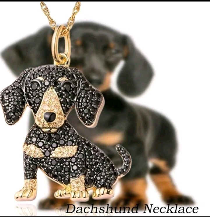 Dachshund Dog Rhinestone Pendant Necklace Dog Lover Gift Golden Toned