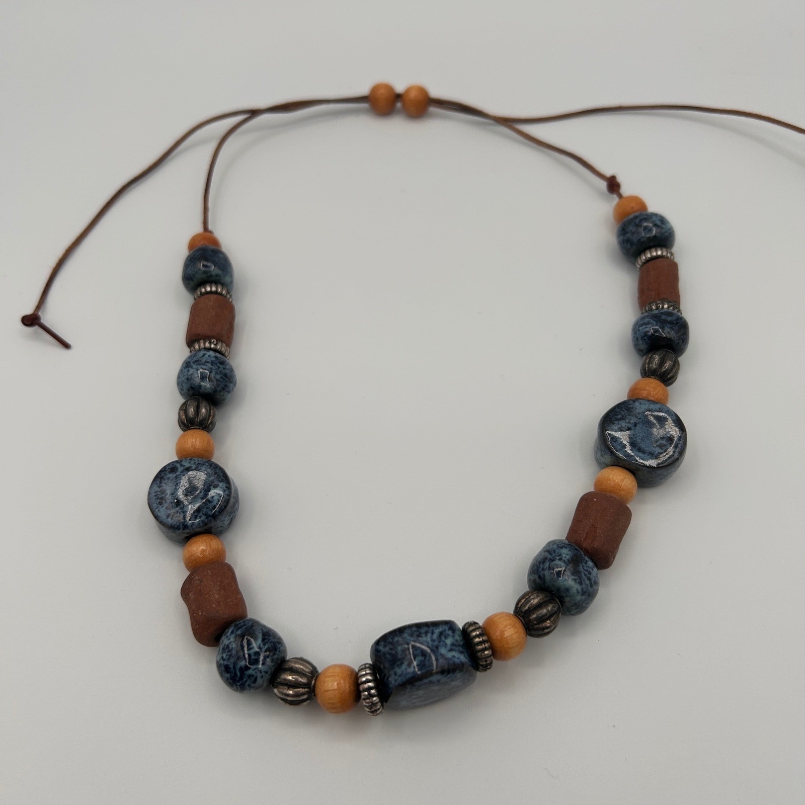 Boho Adjustable Cord Necklace Blue Ceramic Wood Clay Beads Artisan Style