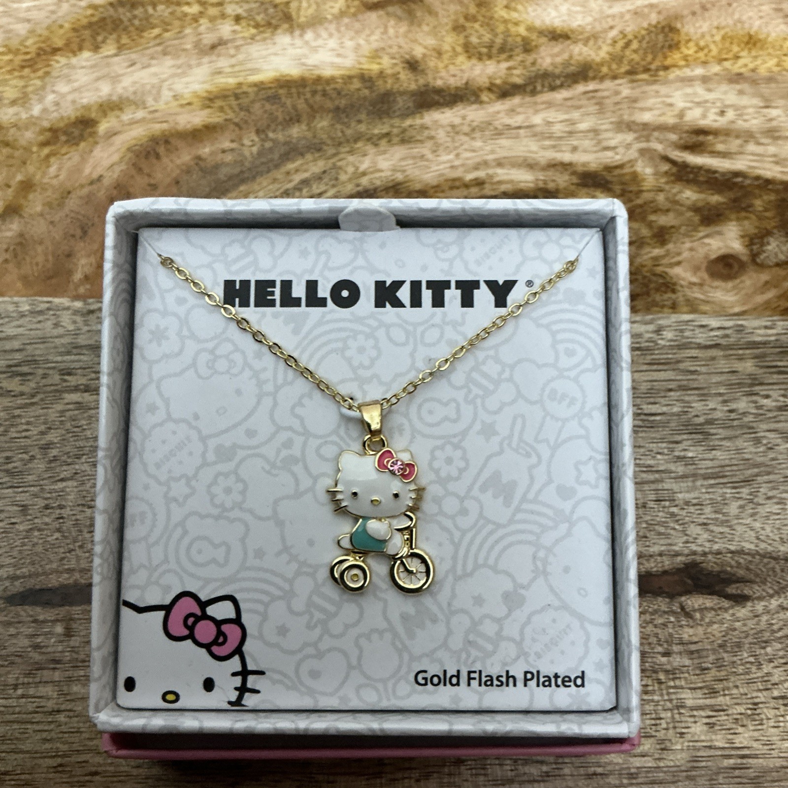 Hello Kitty Fine Gold Flash Plated Pendant Necklace NEW Bicycle