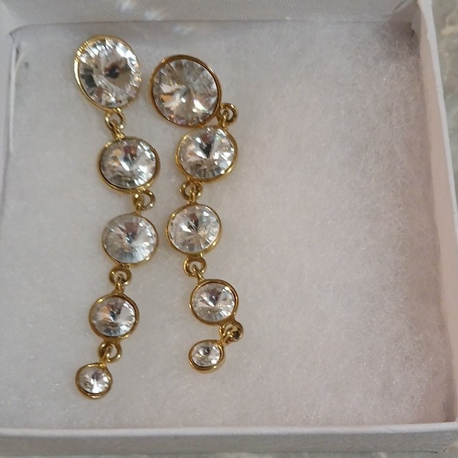 Gold Tone Bezel Set Clear Simulated Crystal Dangle Drop Earrings