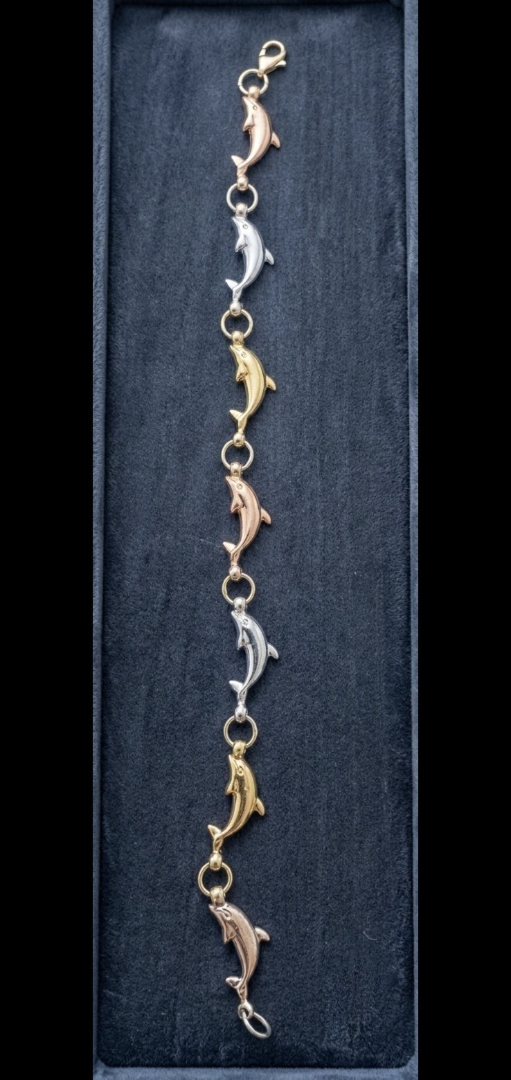 Vintage 10K Tri-Color Gold Dolphin Link Bracelet 7″ 4.10g Multi-Tone 417