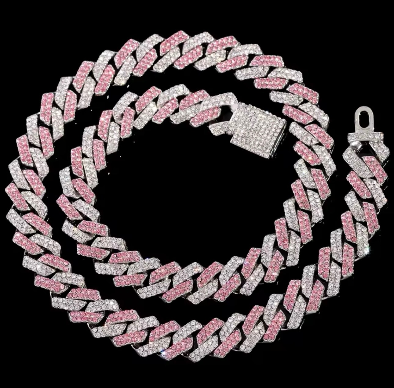 14K White Gold Plated Pink/White CZ’s Iced Out Cuban Link Necklace