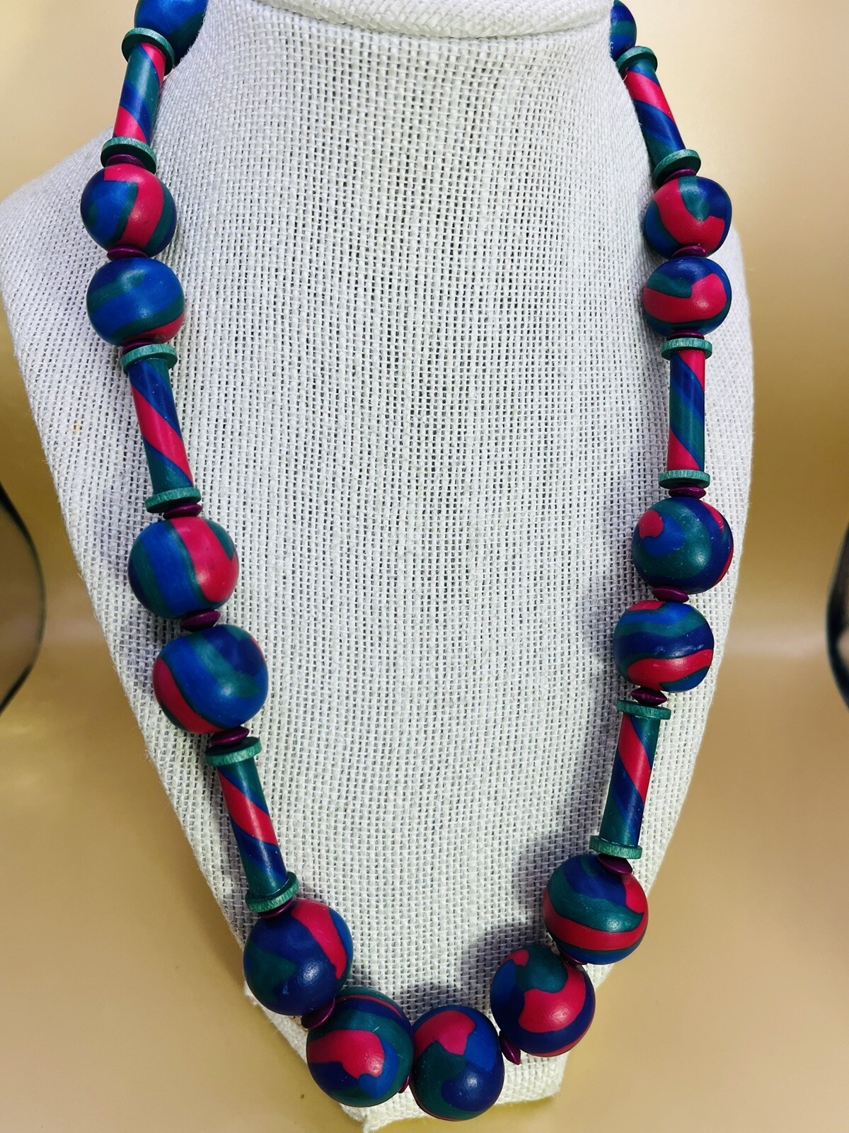 Blue, Pink, Green and Purple, Clay and Wood Beaded Chunky 23” Necklace