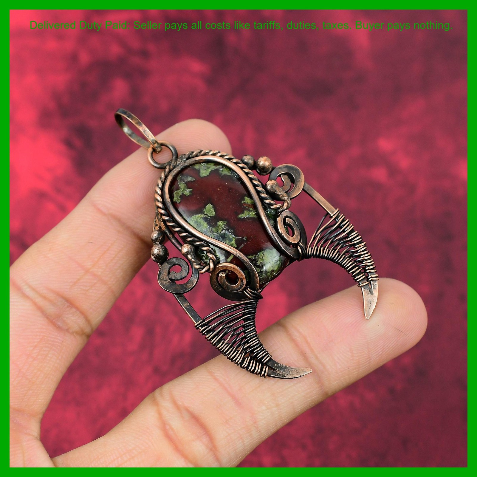 Copper Dragon Bloodstone Stone Unique Wire Wrapped Artisan Mother Gift Pendant