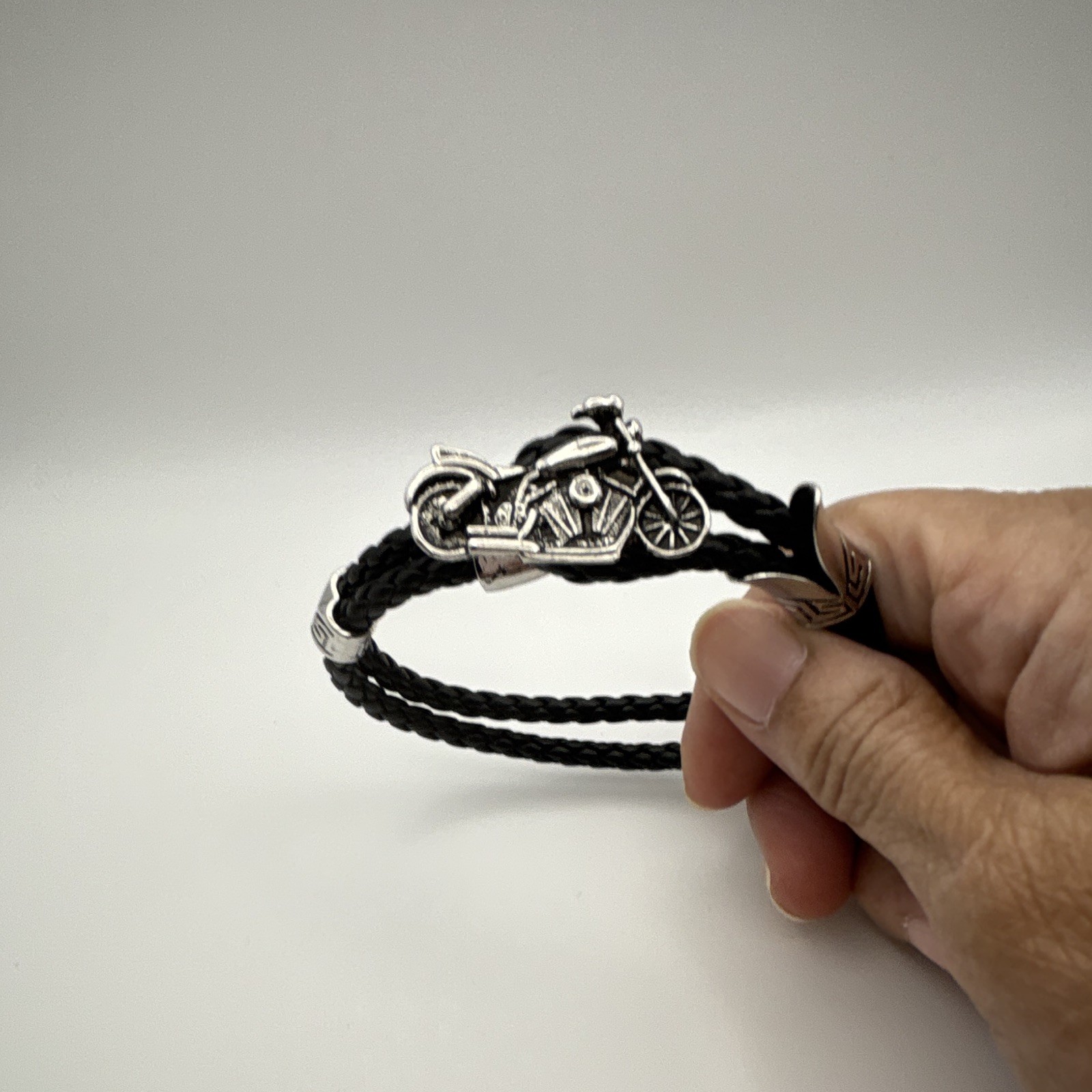 Black Braided Leather Bracelet w/ Silver Tone Motorcycle Dangle Charm, Hook