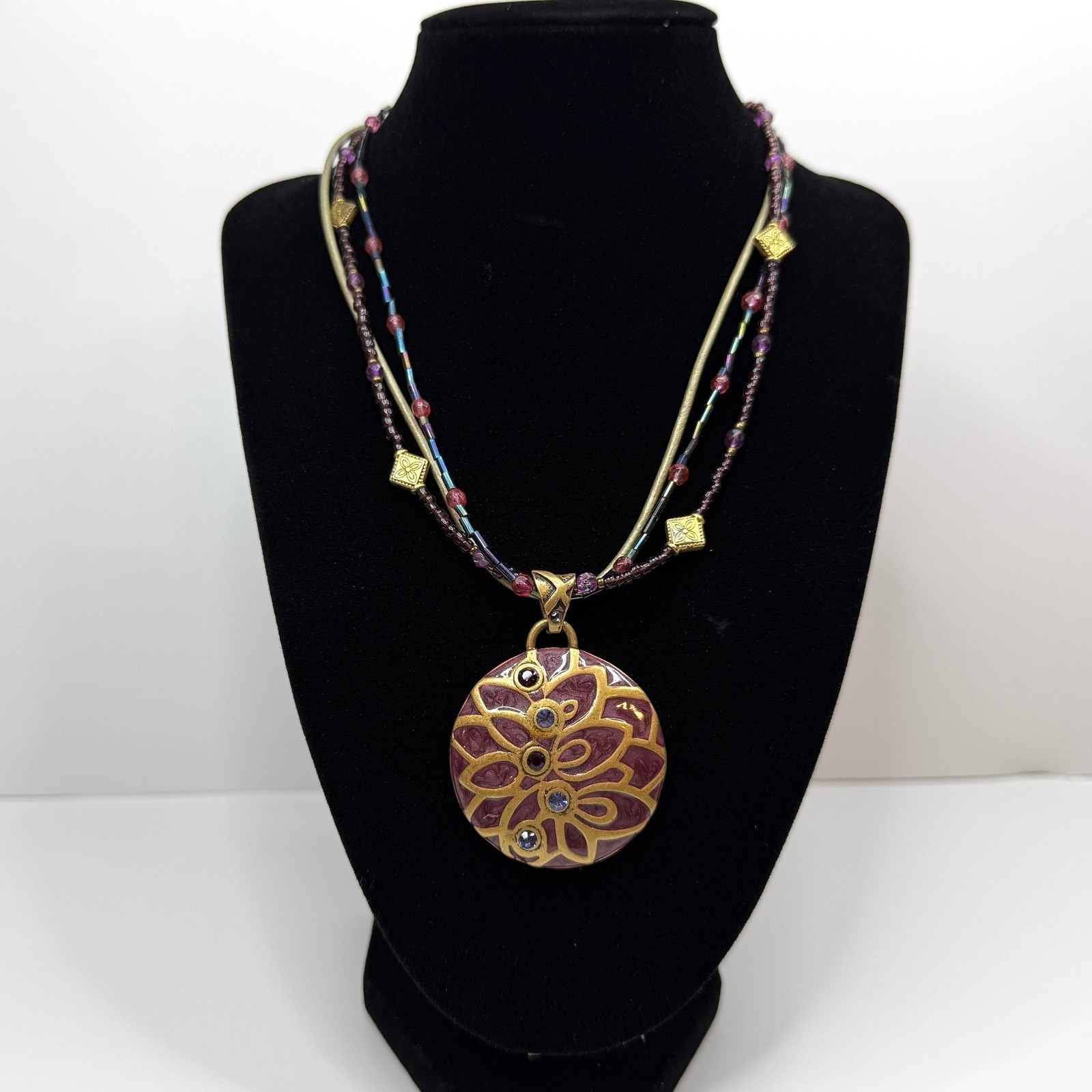 Chico’s Gold Tone Beaded Purple Enamel Statement Pendant Necklace Jewelry 19.5in