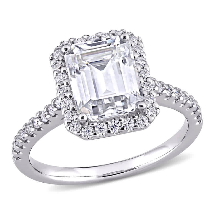 AMOUR 2 7/8 CT DEW Emerald Created Moissanite Halo Engagement Ring In 10K White