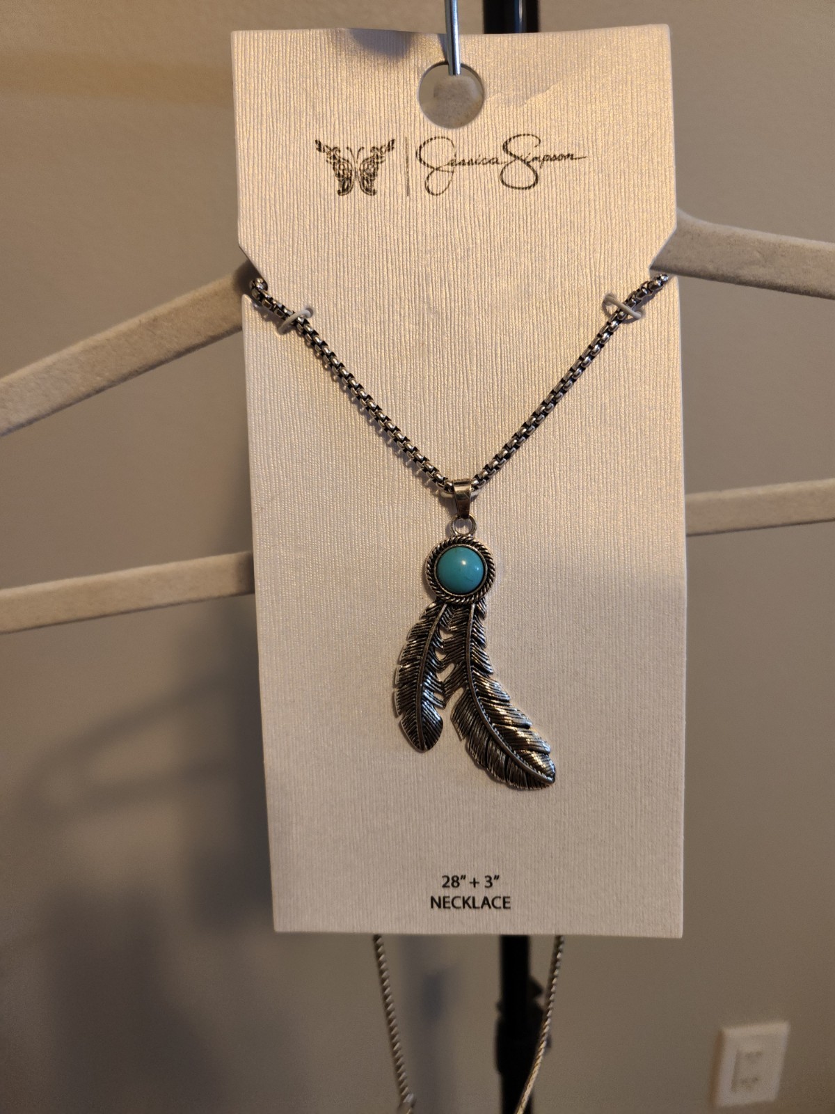 Jessica Simpson Turquoise Feather Charm Pendant Necklace 28in + 3in Extender