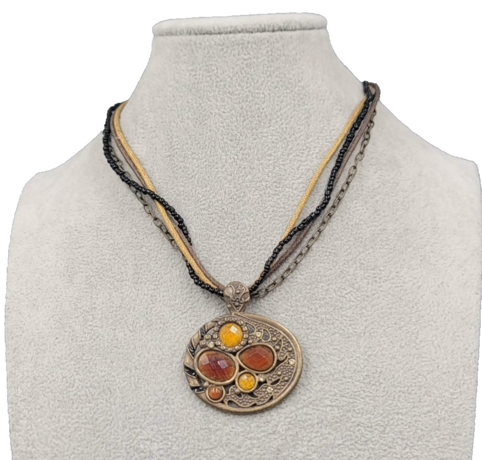 Embossed Acrylic Rhinestone Pendant Necklace Bronze tone Multiple Strands 15″-17
