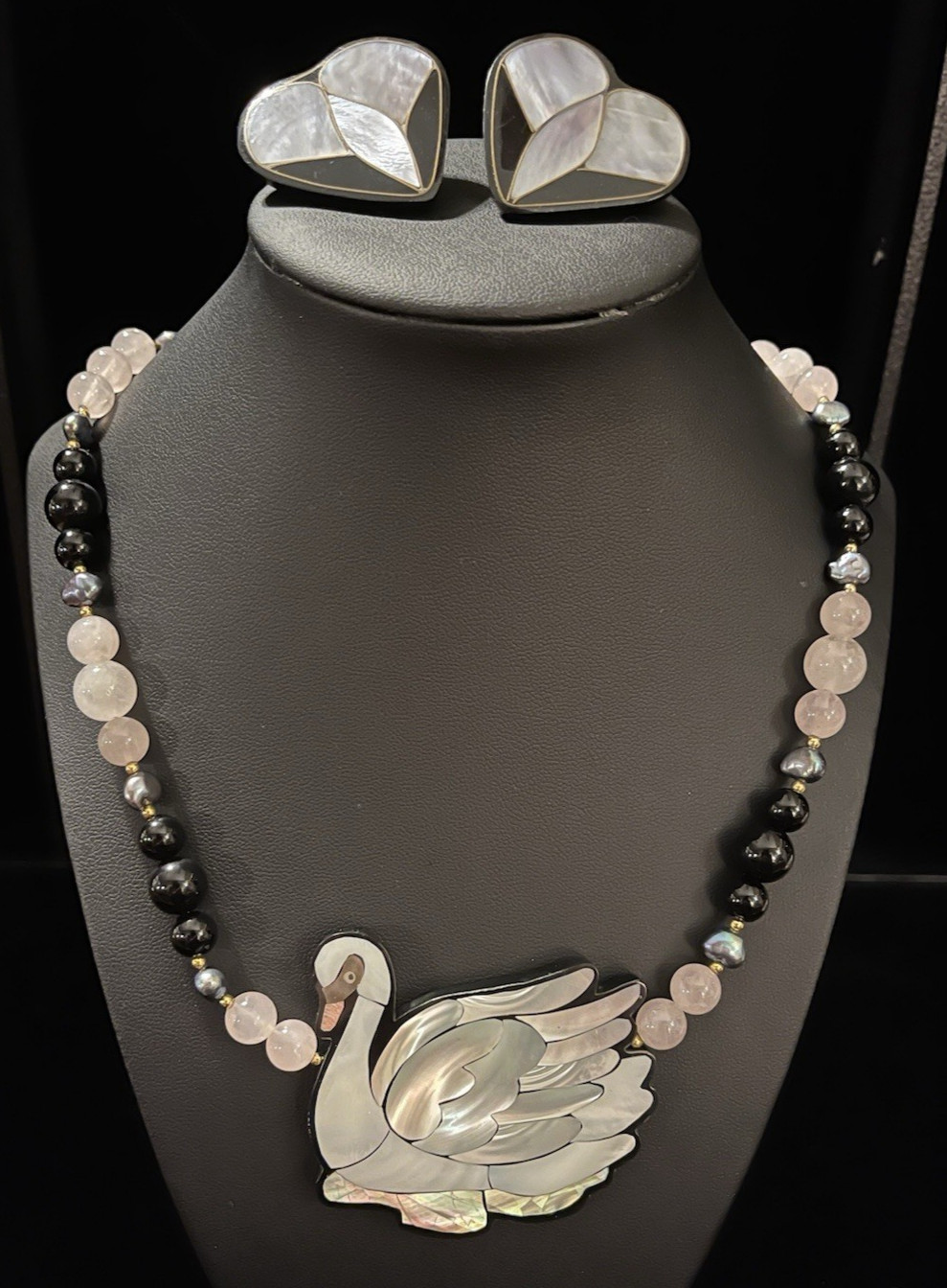 Vintage Lee Sands Statement Necklace Earrings Set Abalone Shell MOP Swan Jewelry
