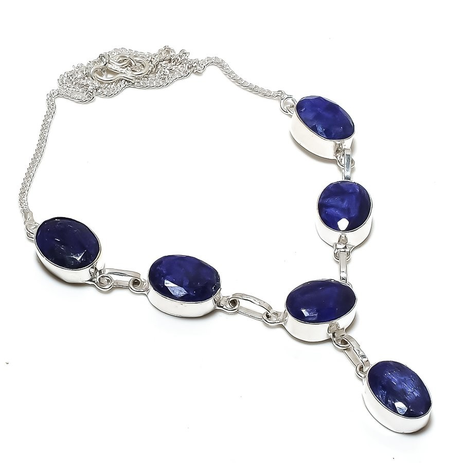 Blue Sapphire Oval Shape Gemstone Necklace Adjustable Chain Handmade Jewelry 18″
