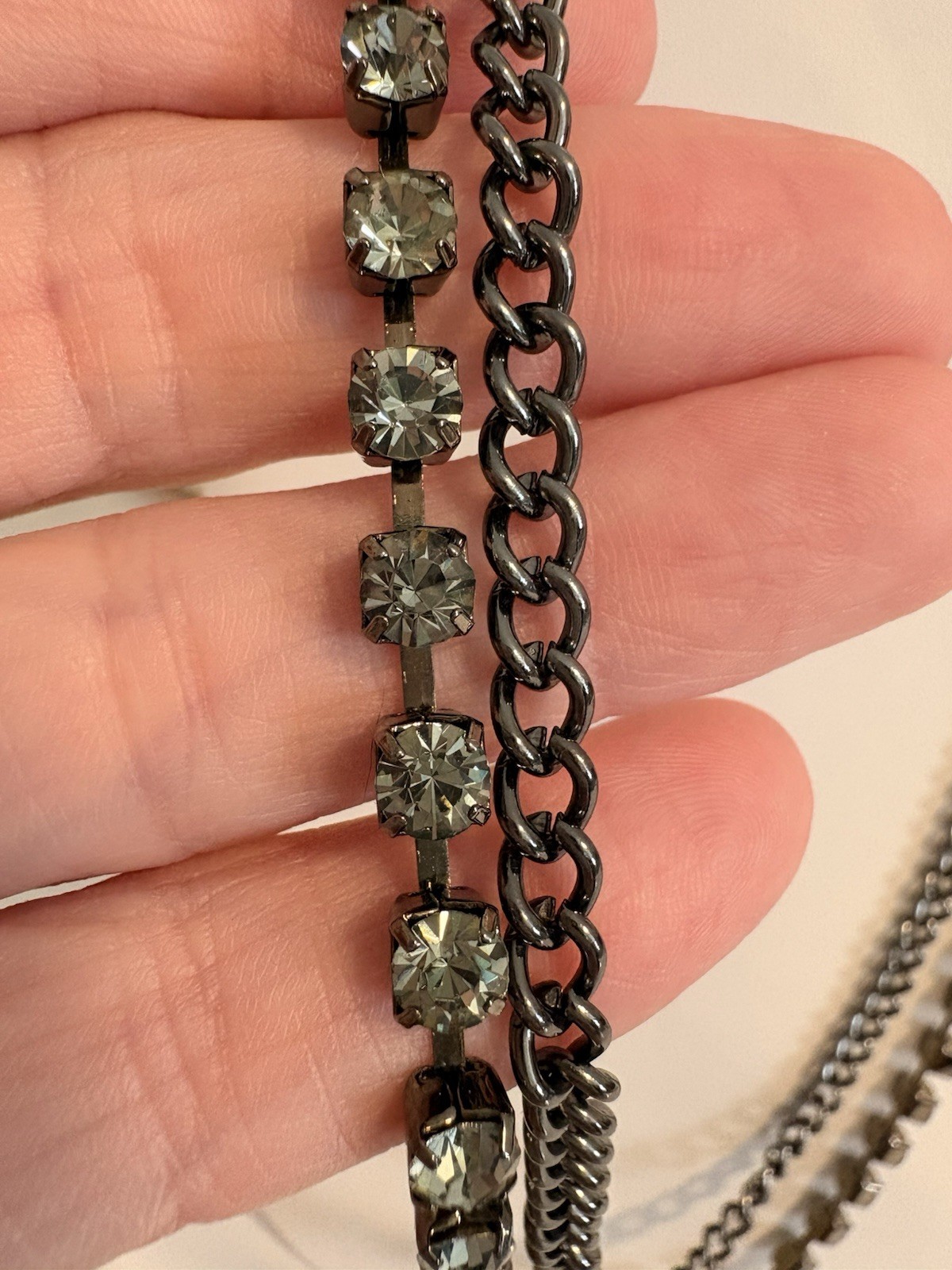 Chico’s 2-Strand Gunmetal Rhinestone Statement Necklace 34″ + 4″ Extender