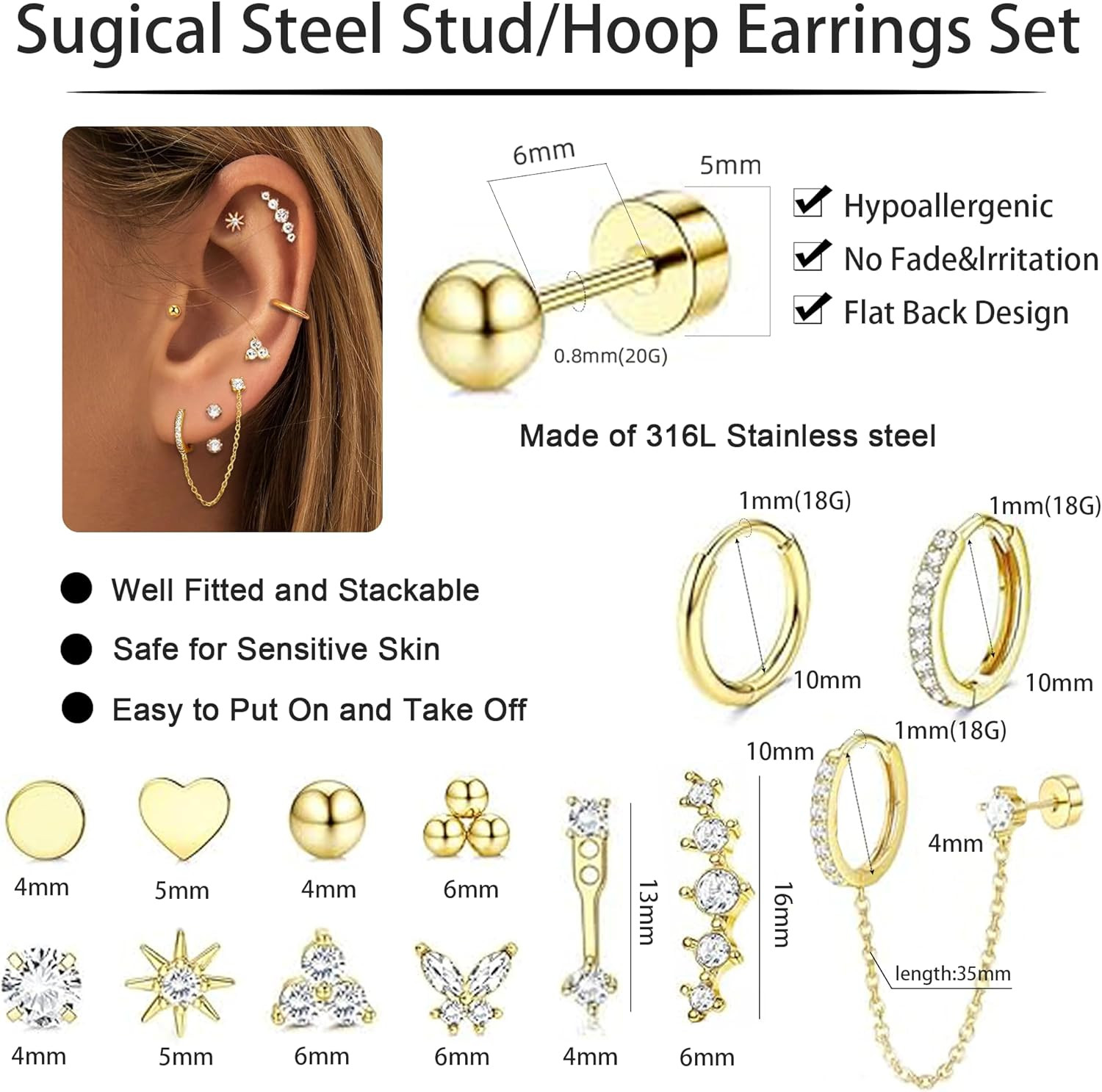 Gold Earrings for Women Hypoallergenic 20G Surgical Stainless Steel Flat Back St