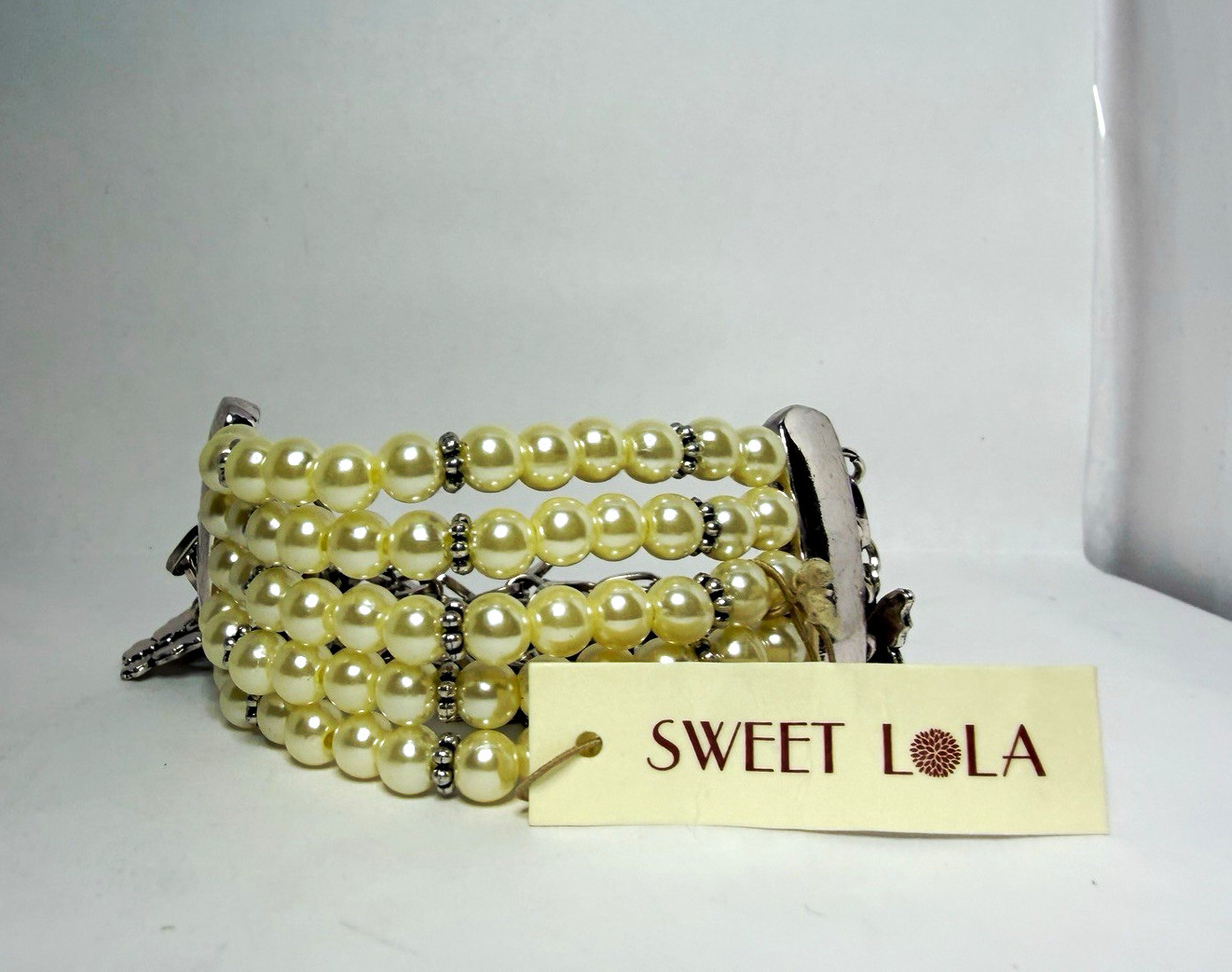 SWEET LOLA Silver Tone Multi-Strand Wrap Bracelet Imitation Pearl Butterfly