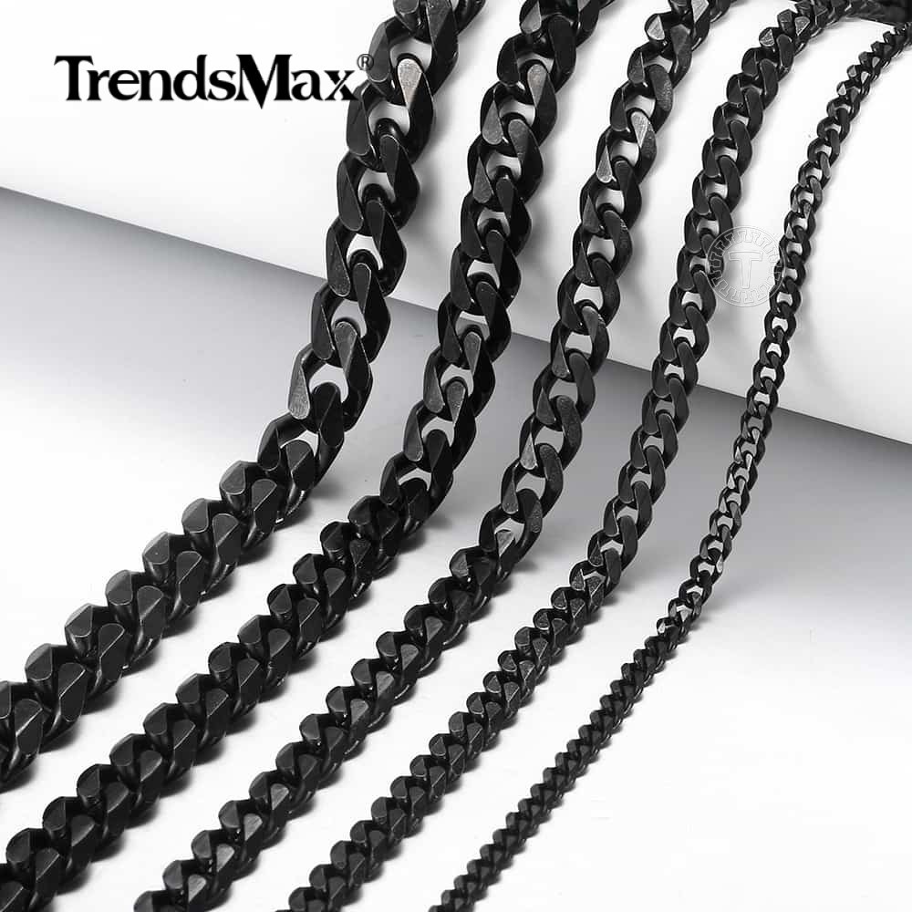 3/5/7/9/11mm 18-34″ Black Stainless Steel Necklace for Men Boys Curb Cuban Chain