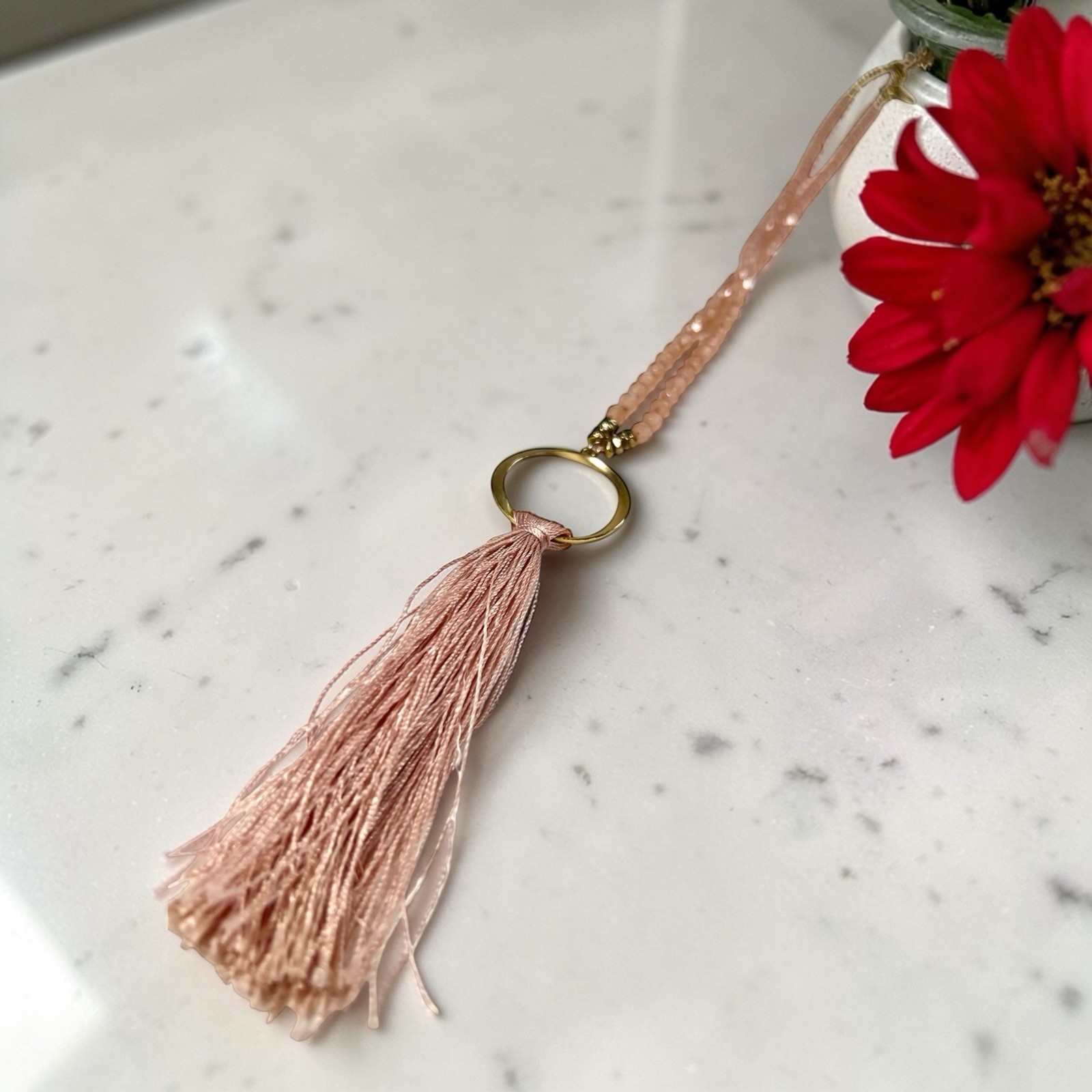 Loft Beaded Tassle Necklace Salmon Pink Color Gold Tone Hoop 26”
