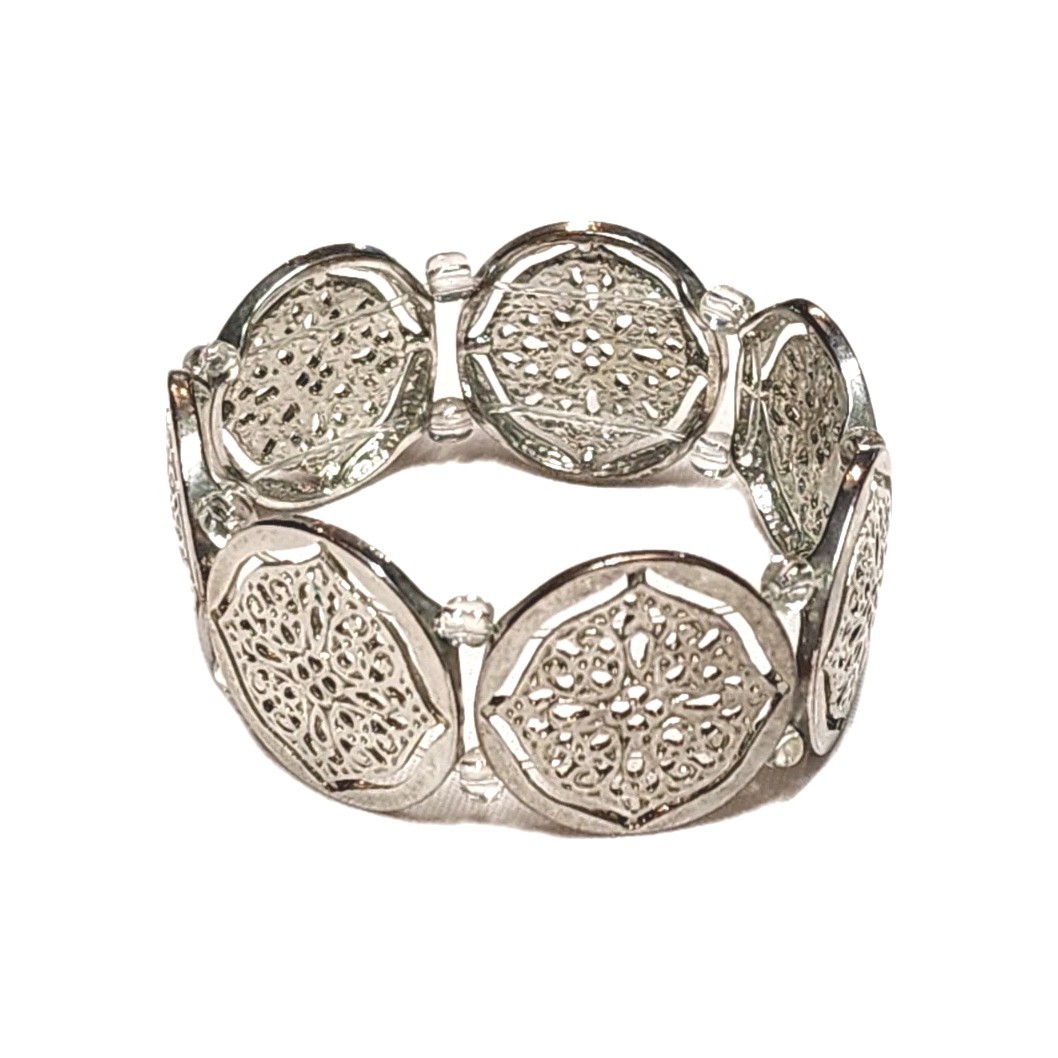 Silver Tone Filigree Round Coin Medallion Stretch Cuff Bangle Bracelet 7″ Boho
