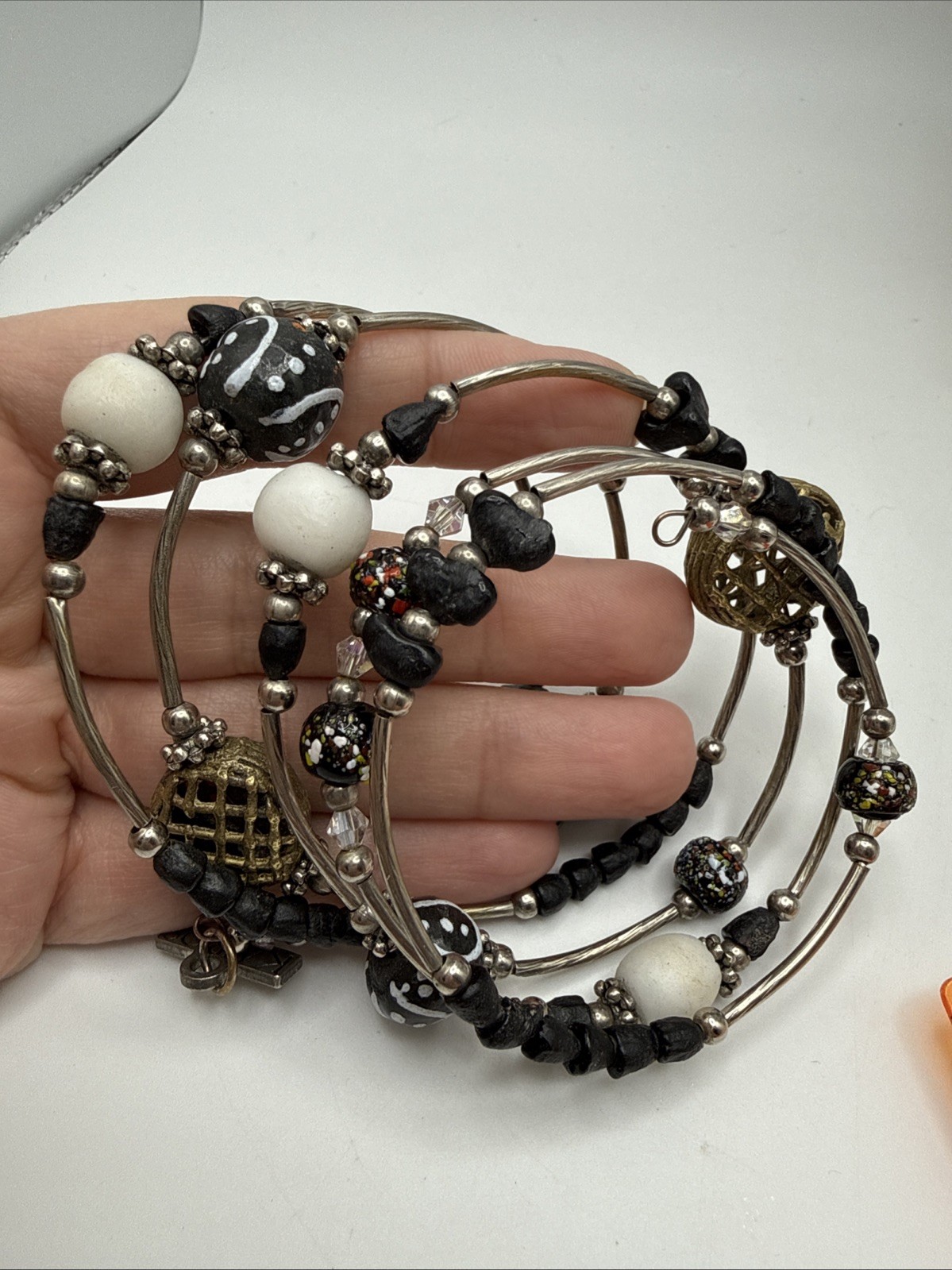 Kairos 10 Memory Wire Beaded Black White & Silver Wrap Bracelet
