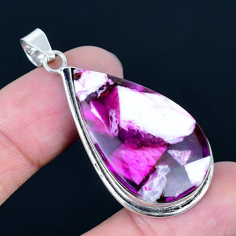 Pink Dahlia Turquoise 925 Silver Plated Handmade Pendant of 2.09″