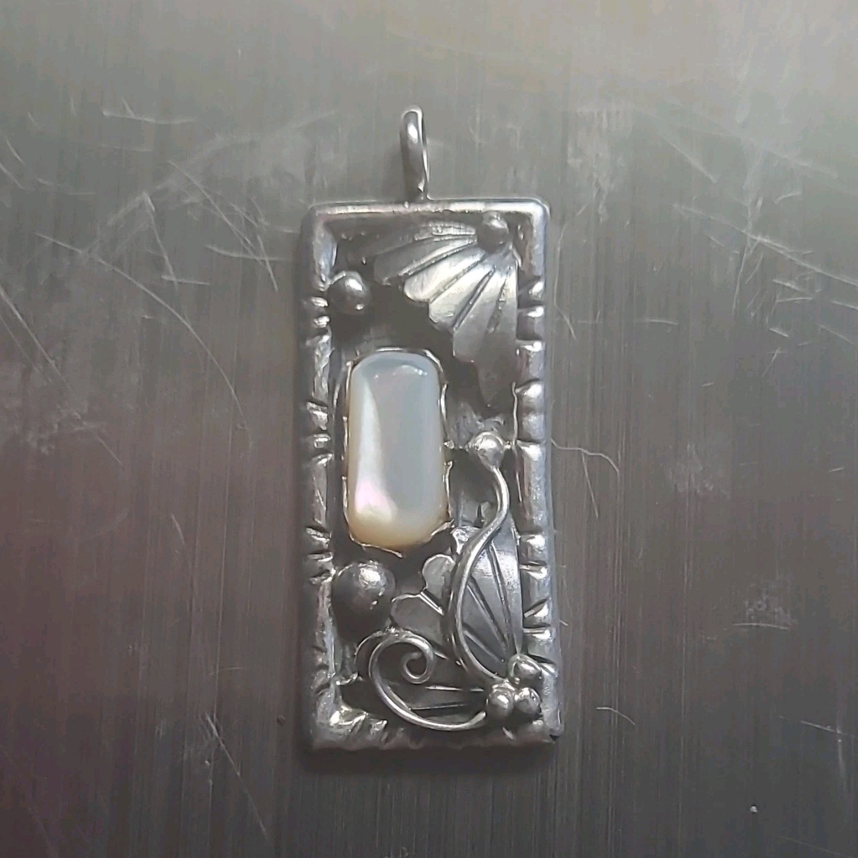 Sterling Silver Metal Rectangular Floral Pendant Charm w/ White Stone, 1 Gem