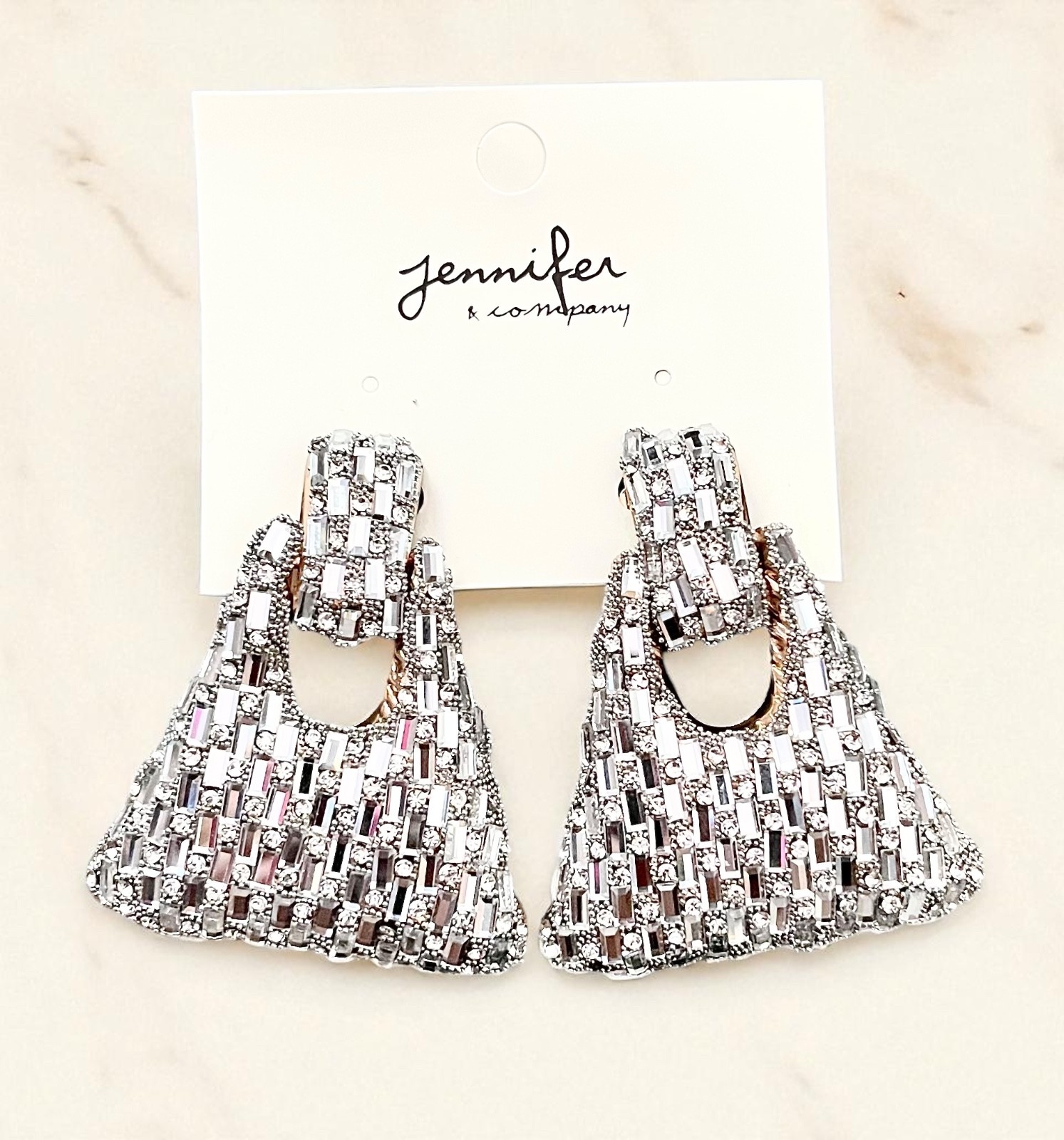 2.5″ Long Shinny Clear Silver Rhinestones Trapezoid Party Clip On Earrings