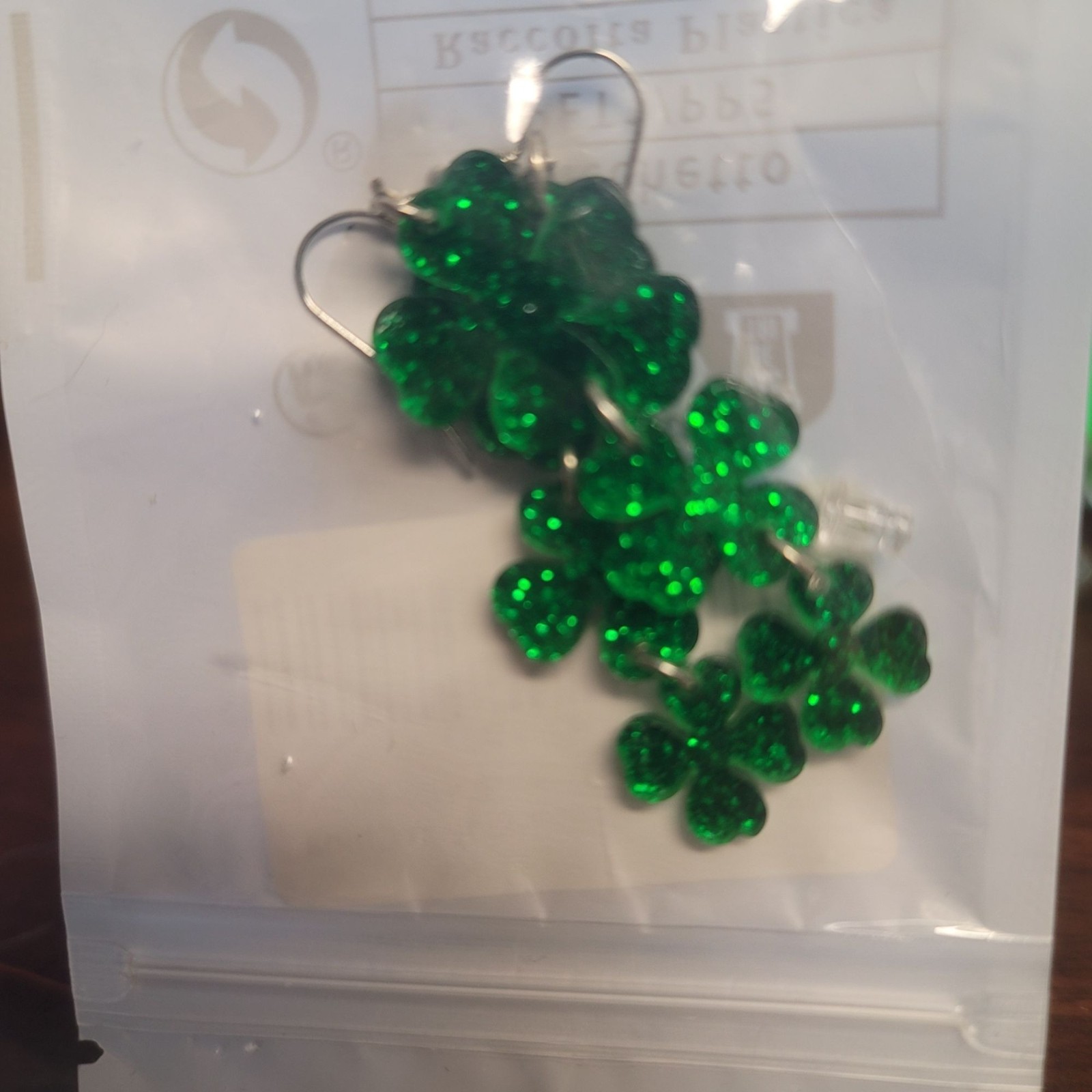 Green Glitter 4-Leaf Clover Dangle Shamrock Drop Earrings Irish St Patricks Day