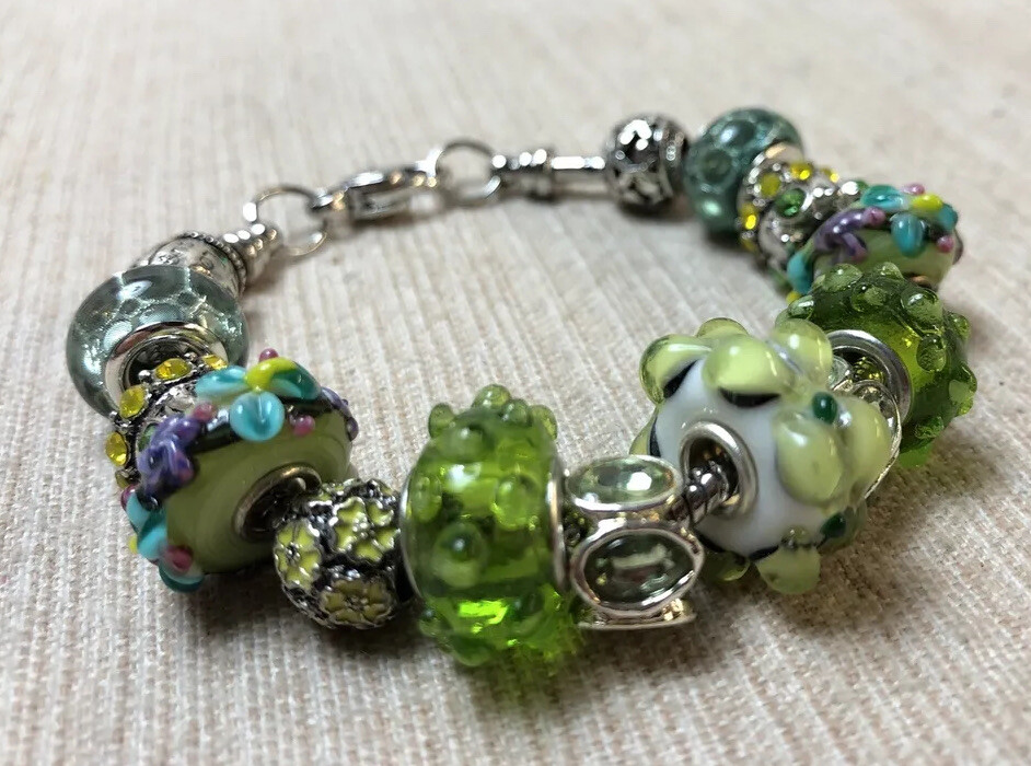 European Charm Bracelet Yellow Green Lavender Flowers Lobster Clasp