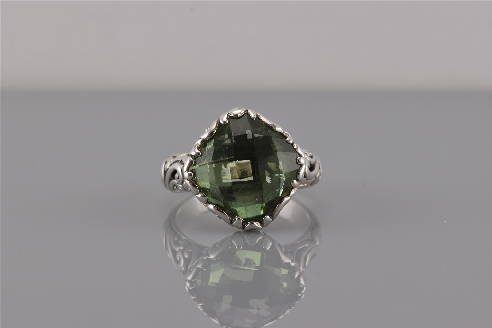 Sterling Silver Briolette Cut Green Cubic Zirconia Carved Band Ring 925 Sz: 6