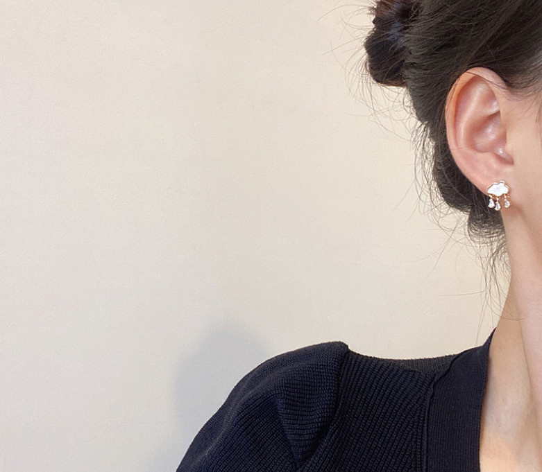 Tiny Gold Cloud Rain Pave Cubic Zirconia White Shell Stud Earrings