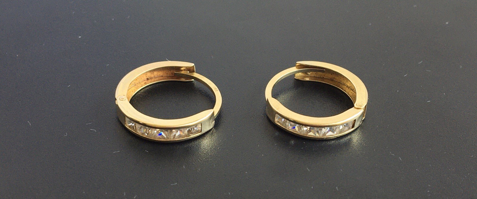 14K Solid Gold Huggie Hoop Earrings Vintage Channel Set Princess Cut CZ Pair