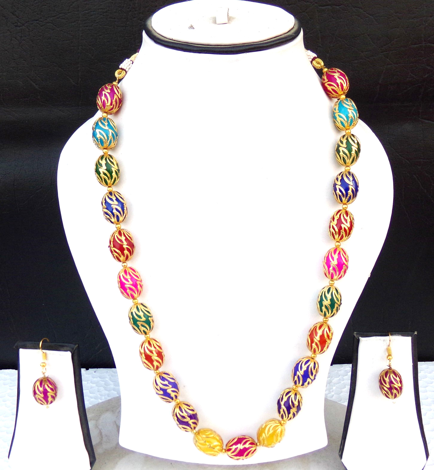 Indian Bollywood Gold Plated Filigree Glass Beaded Ethnic Necklace Earrings Set