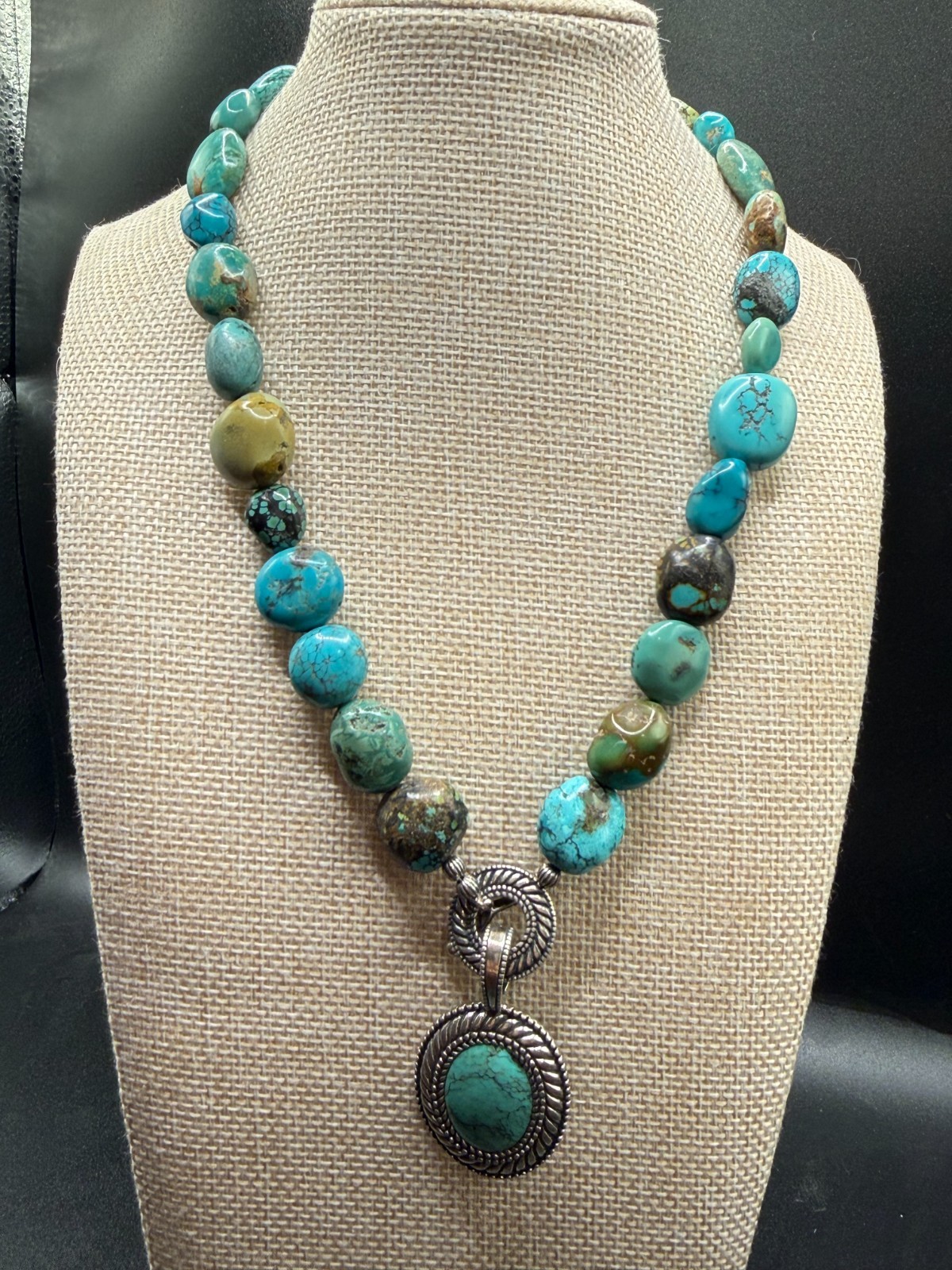 Natural Turquoise Statement Necklace Sterling Silver Pendant Southwestern Boho