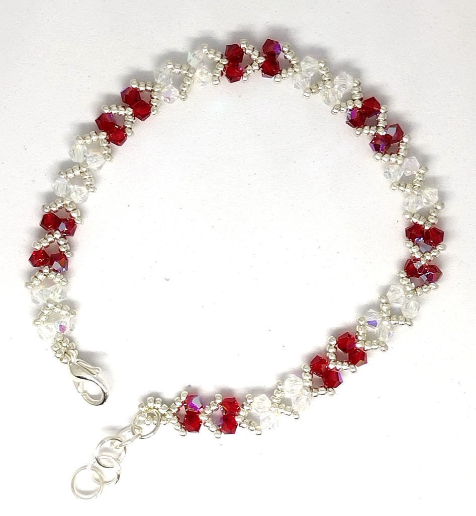 6-inch Bracelet 3mm Crystal Red/White Sparkly Bicone Beads/Silver Miyuki Beads