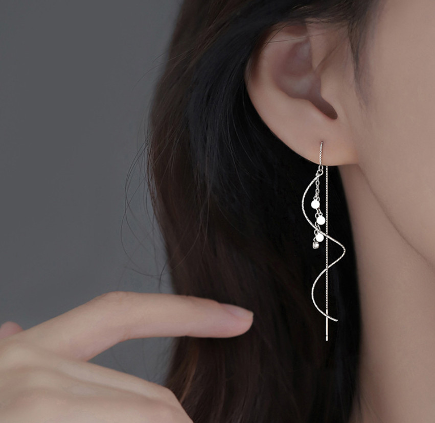 Women 925 Silver Tone Tassel Threader Disc Dangle Drop Pull Earrings Fashion I48