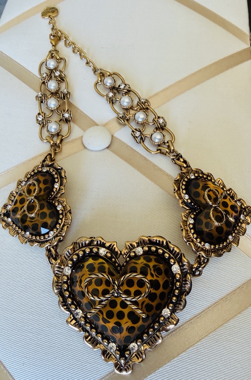 Vintage Betsey Johnson Gold-Tone Leopard Lucite Hearts & Faux Pearl Necklace