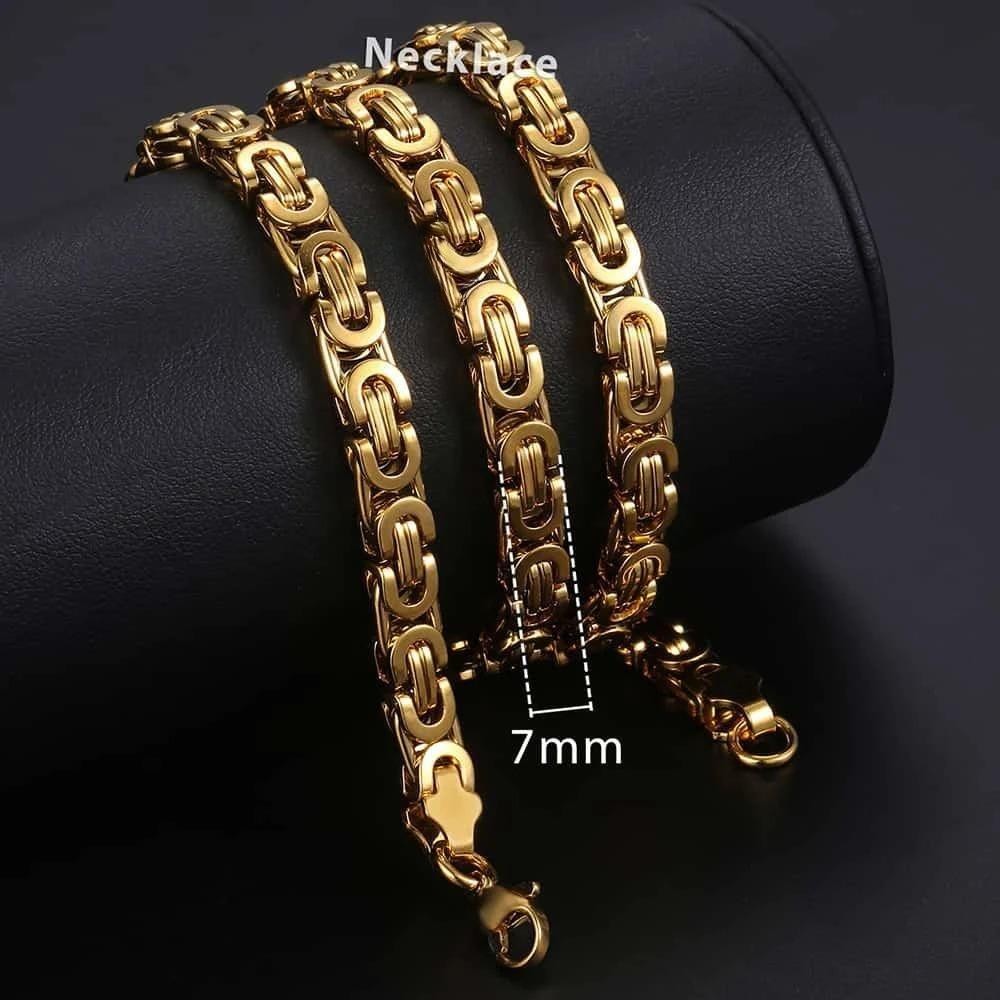 14K Gold Plated Stainless Steel Flat Byzantine Chain Necklace Heavy 18-30inch