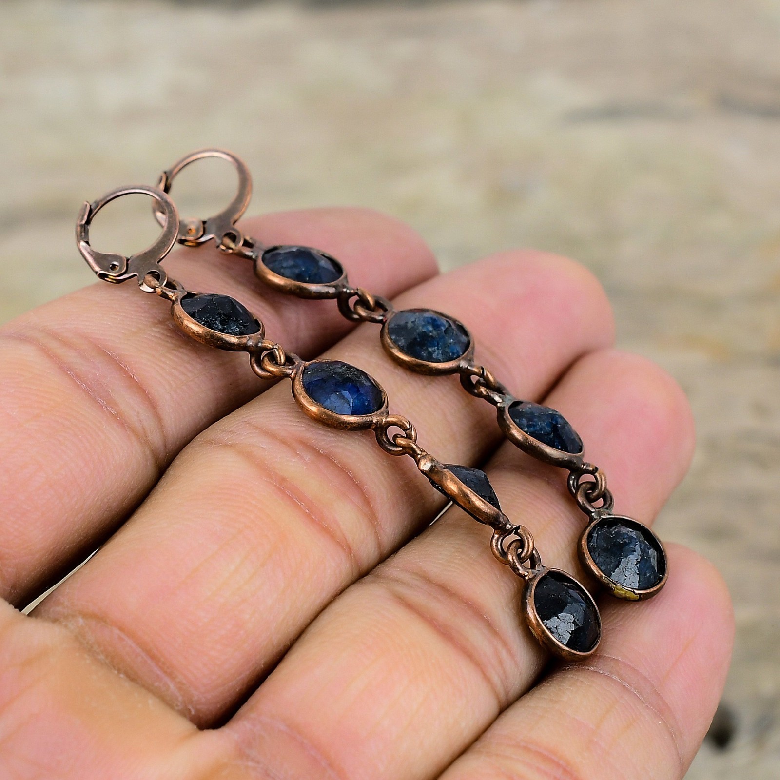 Halloween Deal Blue Saphire Gemstone Drop Dangle Electroformed Earrings Copper