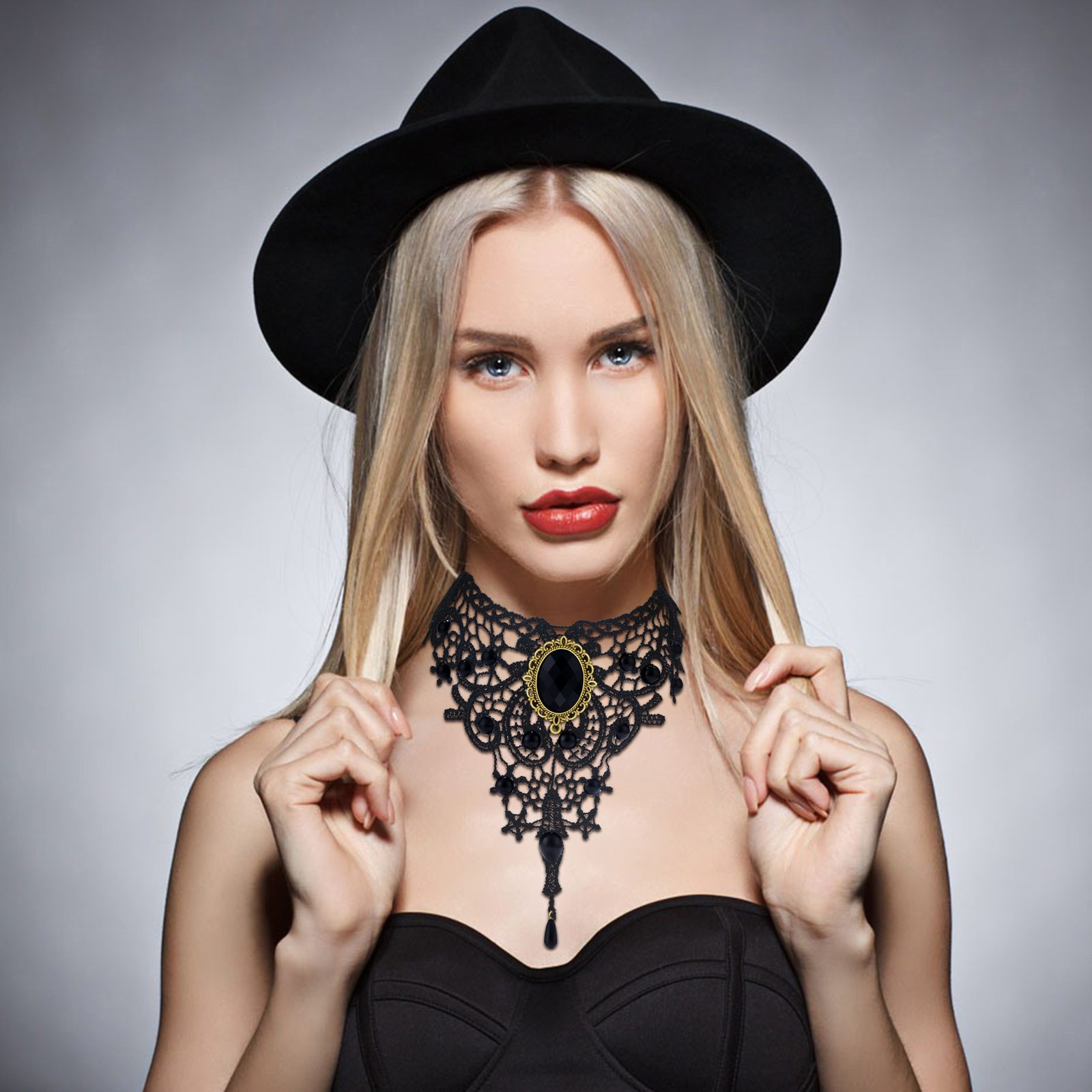 4pcs Women Gothic Retro Black Lace Wide Choker Victorian Vintage Collar Necklace