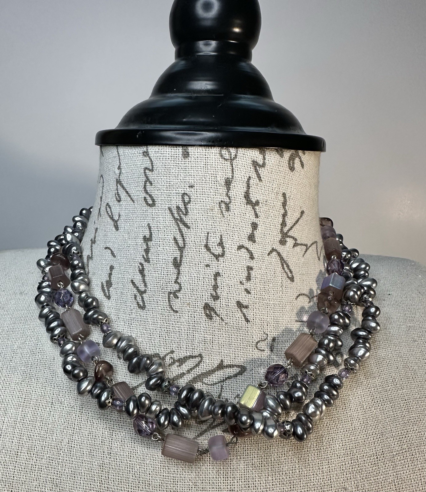 Multi-Strand Silver Gray Freshwater Pearls Lavender Beaded Necklace